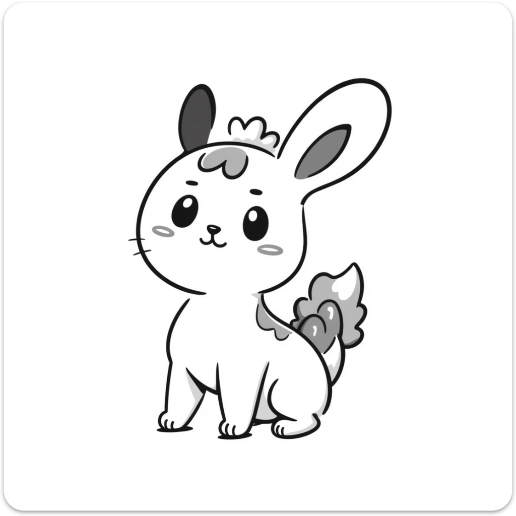 Kawaii bunny plant dragon in Sanrio style, like Hello Kitty and My Melody, tiny spikes, extremely cute, simple clean design, large head, minimal facial features, big round eyes, blushing cheeks, pastel colors with pinks and blues, clean bold outlines, small mouth, adorable expression, rounded shapes sticker