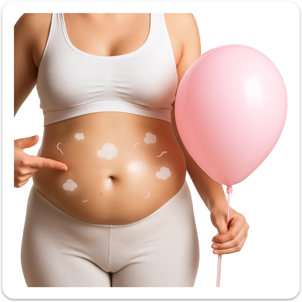 Realistic style edit of the woman identical to the photo with a swollen and protruding abdomen. Add symbols of bloating like small clouds, curved lines, or a glow around the abdomen area. sticker