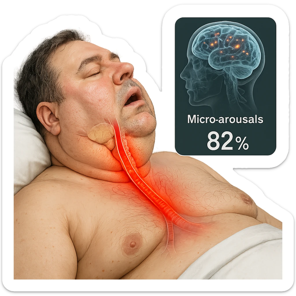 hyper-realistic medical CGI of overweight man in bed, airway narrowed by neck fat, trachea with red heat map, oxygen at 82%, brain scan overlay with micro-arousals, 4K, clinical sticker