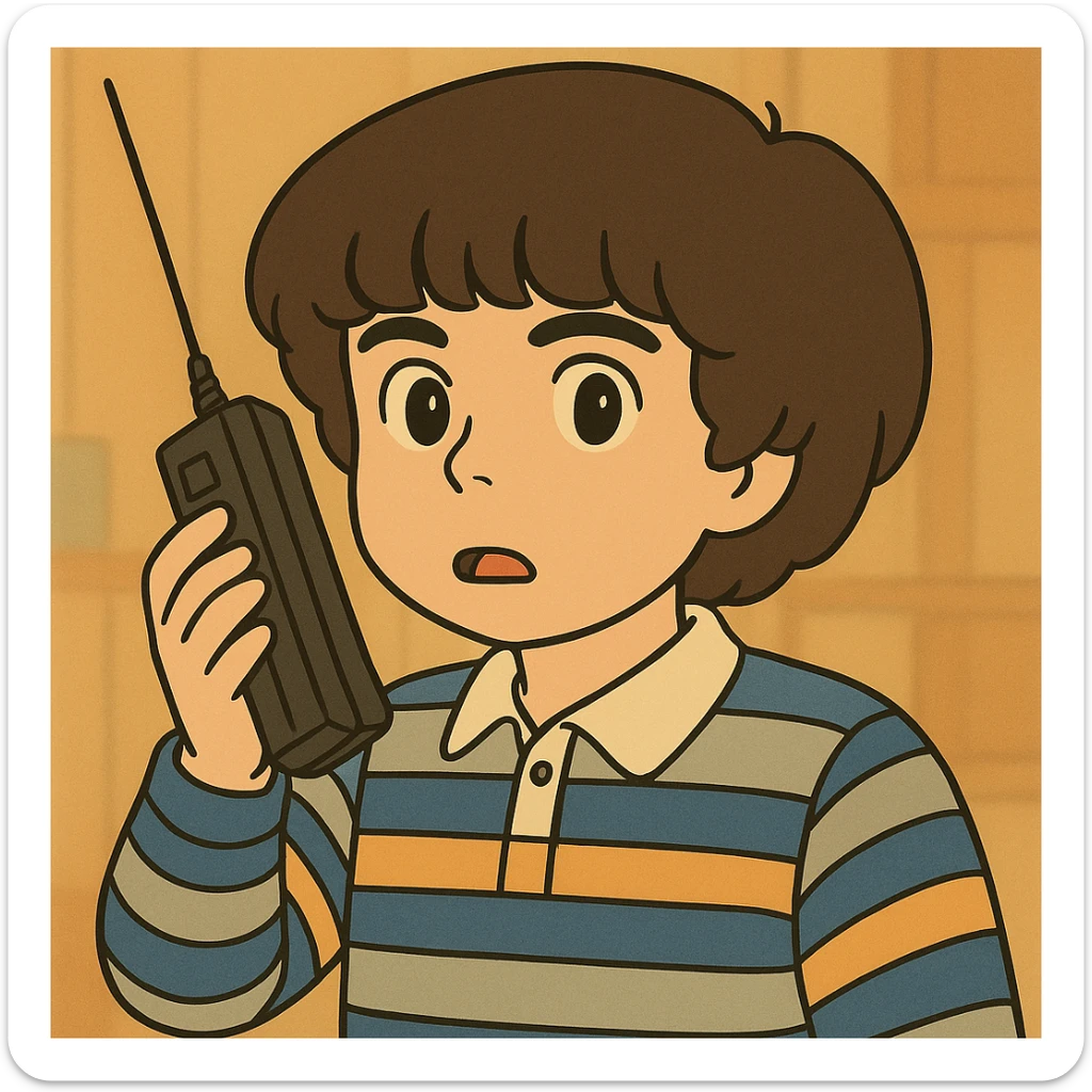 Variação do Mike Wheeler com cabelo de tigela mais volumoso, traço simples e delicado, colorido em tons pastel, contornos bem grossos e escuros, estilo Ghibli, formato 1:1 sticker