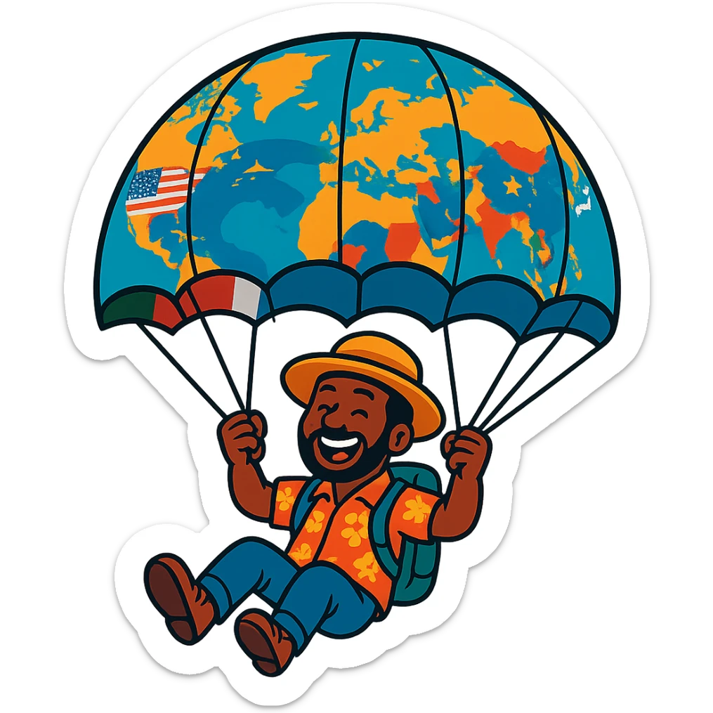 A happy tourist from cultural descent, parachuting with a world map parachute, modern style, vibrant colors, various country flags, detailed and expressive. sticker