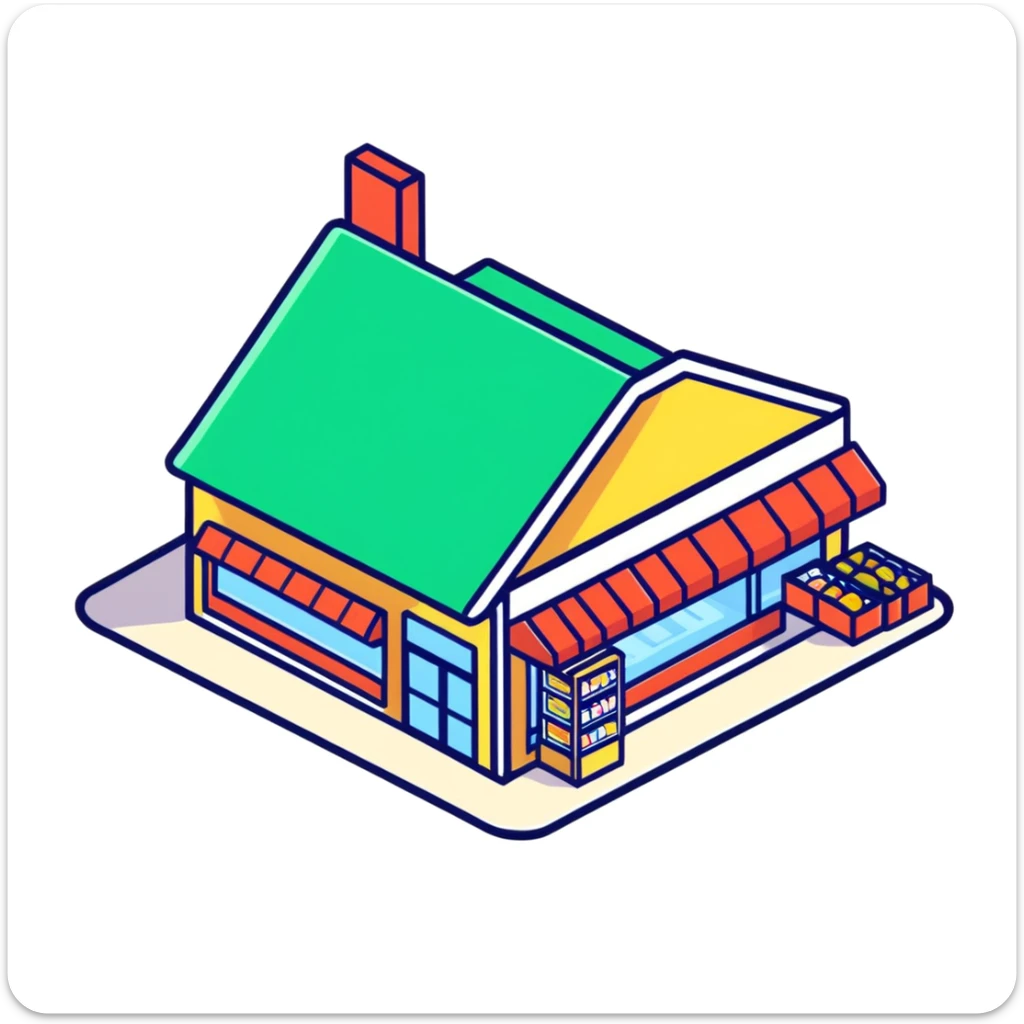 Isometric grocery store with shoppers, food shelves, and checkout area sticker