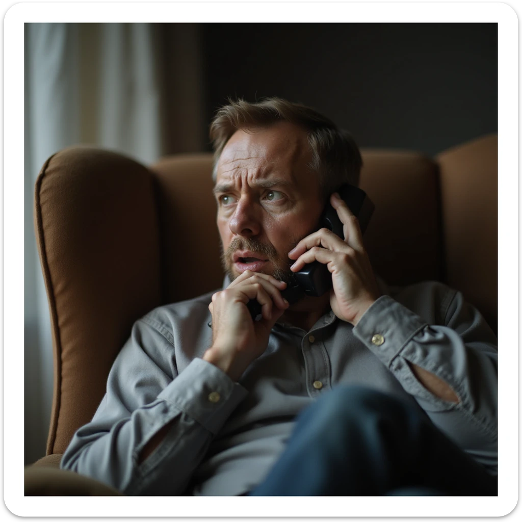 Man complaining on the phone to his mother, whiny voice, eyes looking up for sympathy, sitting in an armchair, hyperrealistic 4K details sticker