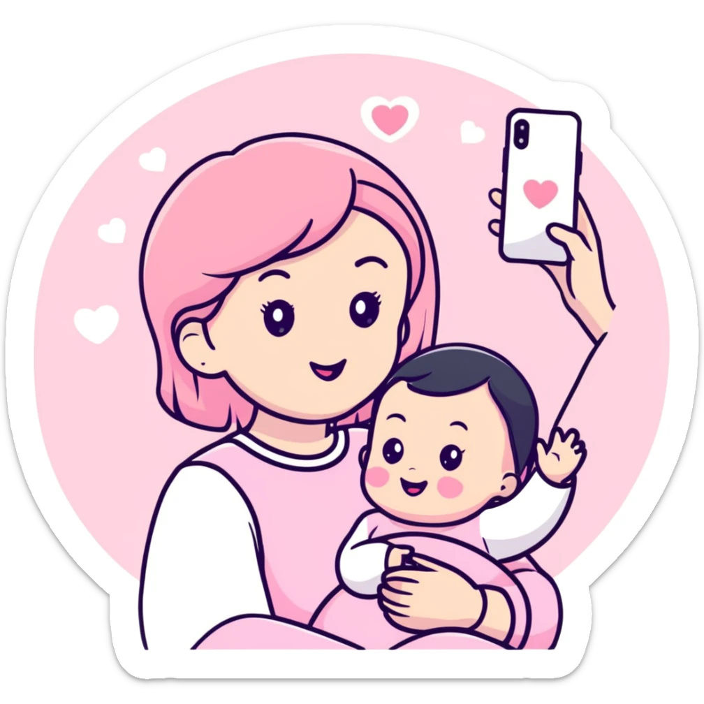 mom taking selfie with baby surrounded by pastel pink hearts sticker