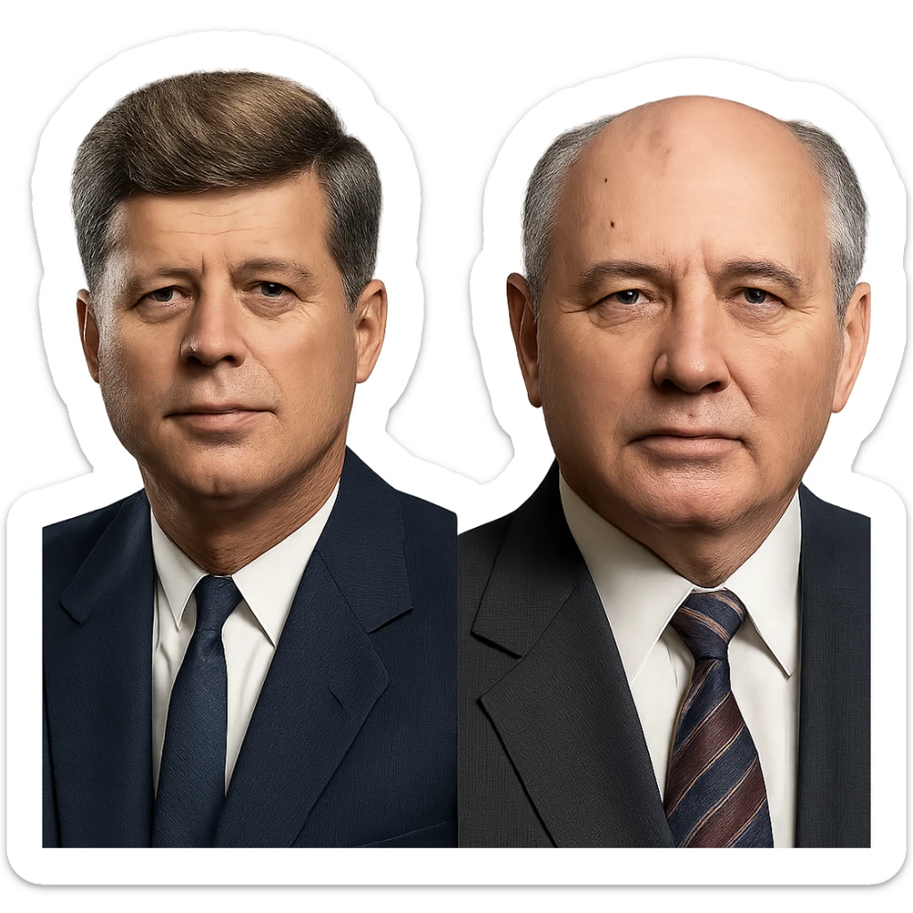 realistic icon of John F. Kennedy and Mikhail Gorbachev side by side, clean and focused sticker