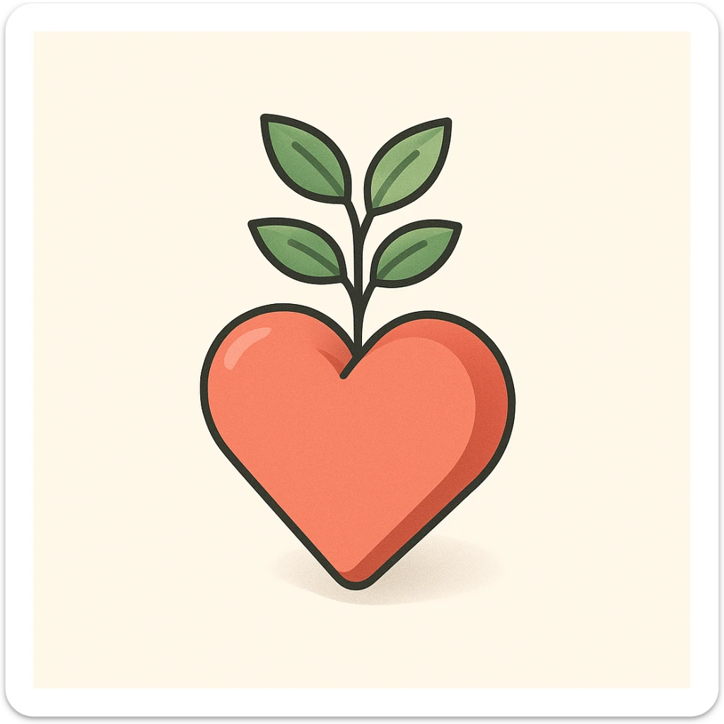 heart with a plant growing from it, symbol of inner growth and self-care, 2D isometric style, simple shape, clear shadows and highlights sticker
