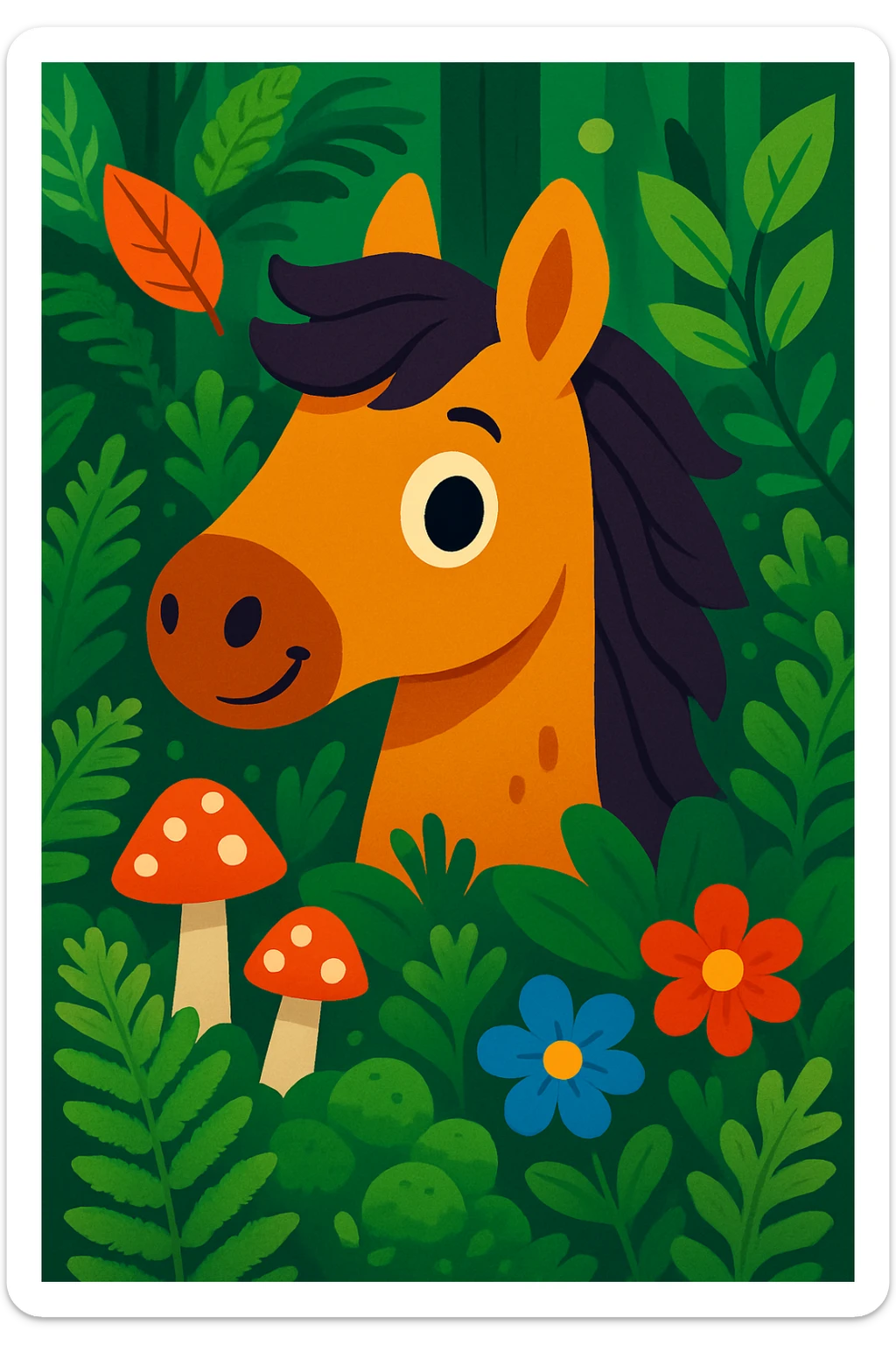Add more forest details around the cute horse head, such as ferns, moss, mushrooms, and leafy branches, in vibrant toon style with bright colors, playful expression, surrounded by forest elements. sticker
