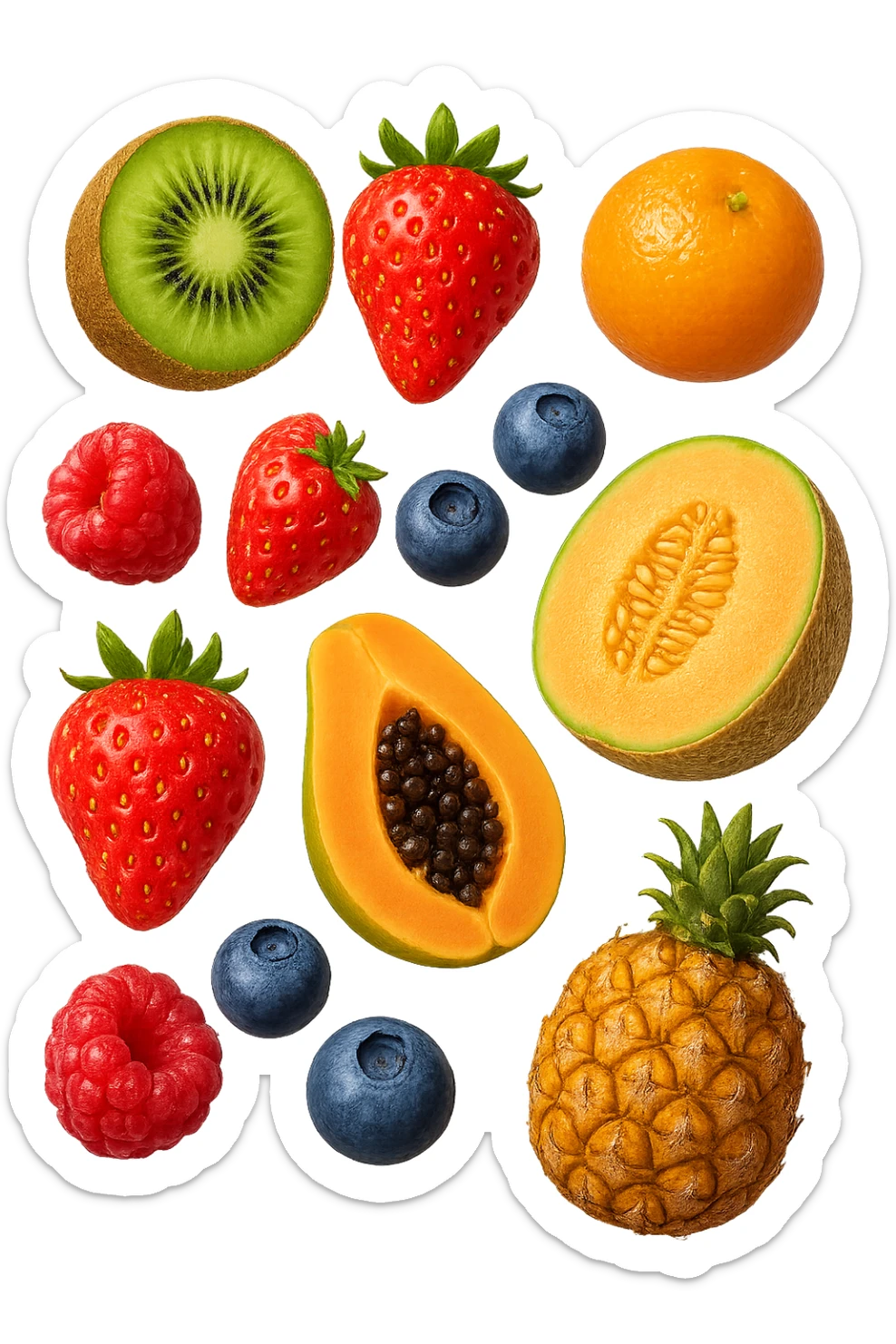 emoji stile iphone 3d di kiwi, fragole, lamponi, mirtilli, ananas, mandarini, papaya, melone cantalupo
 che fluttuano in aria, iperealistico 4k sticker
