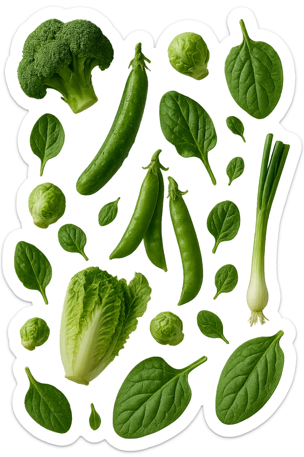 varie verdure verdi fluttuano in aria e cadono verticalmente, IPERREALISTICA 4K sticker