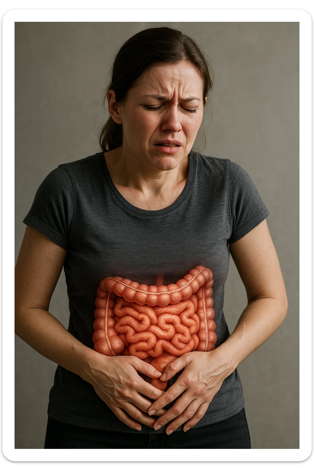 donna in piedi che si tiene la pancia con intestino umano anatomico e mal di pancia, iperrealistica 4k sticker