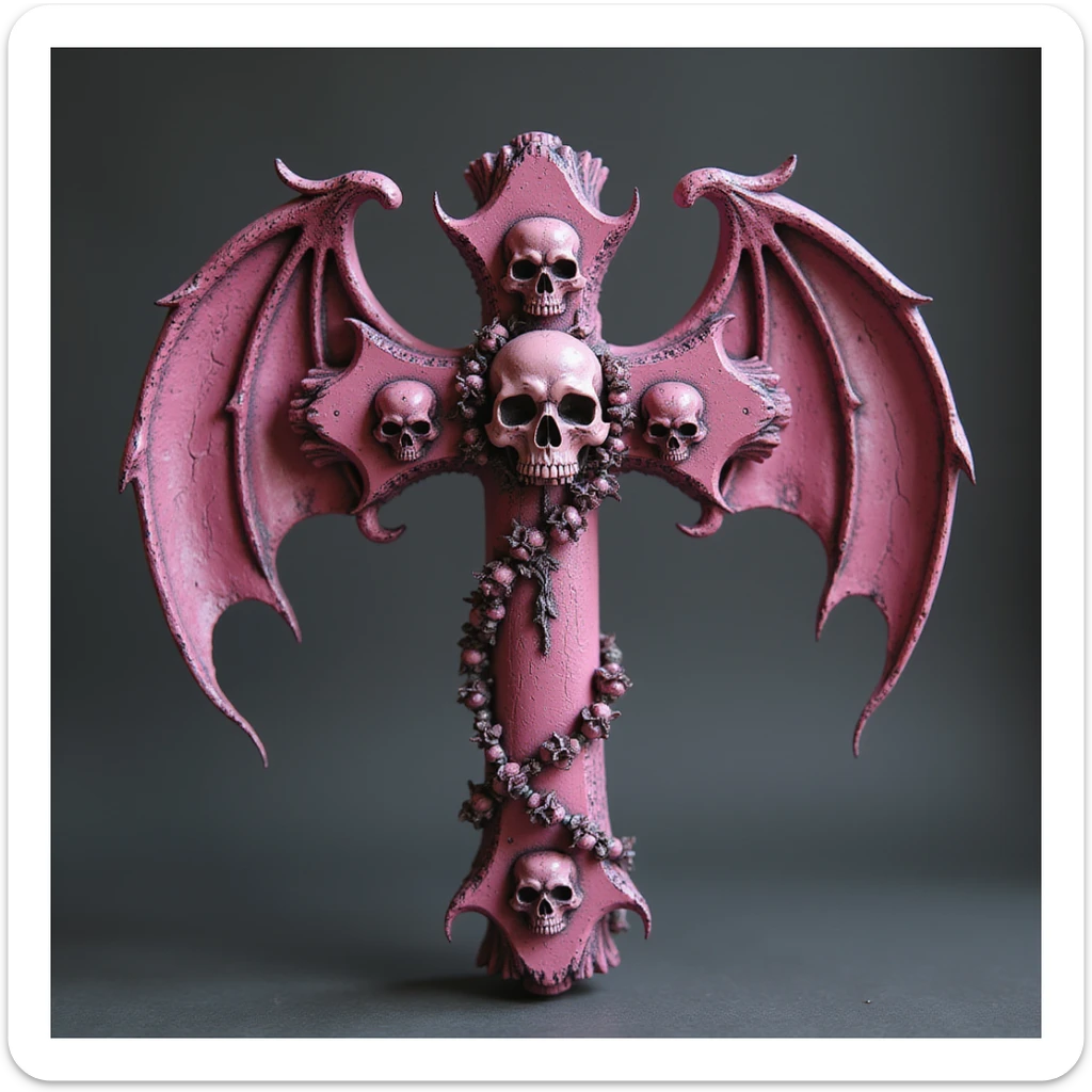 realistic gothic cross, pink with bat wings and skulls, photorealistic style, no background sticker