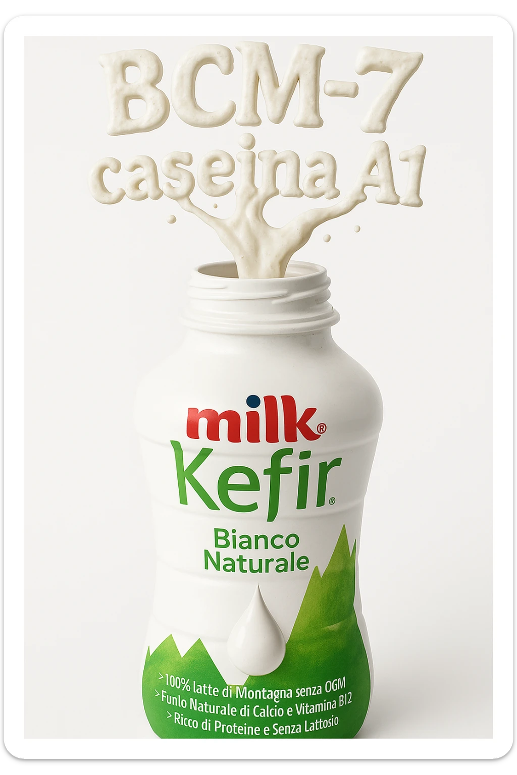 fai questa bottiglia di kefir stappata, dalla bottiglia escono le scritte "BCM-7" e "caseina A1", realistica 4k sfondo bianco sticker