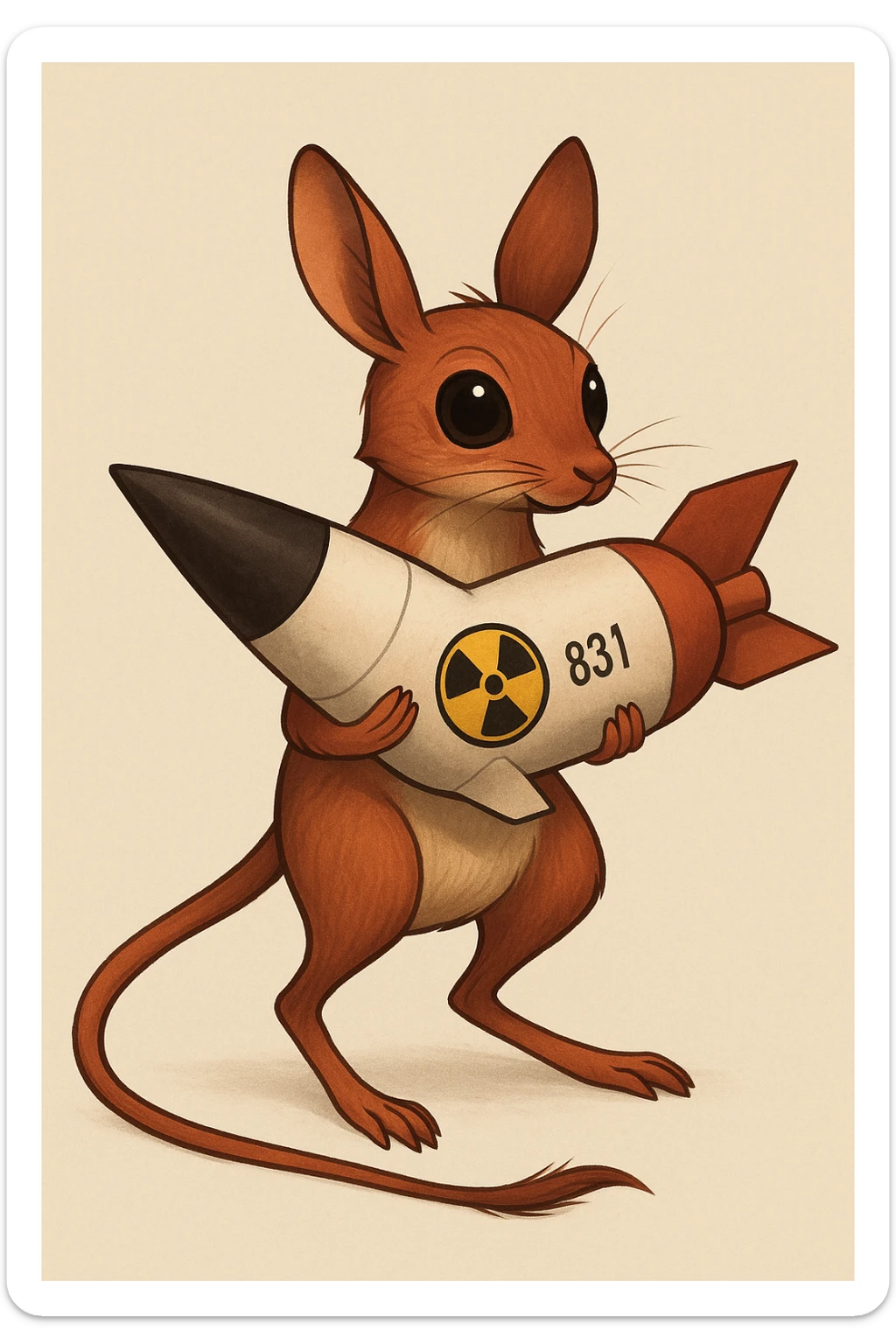 Сгенерируй красного тушканчика с ядерной бомбой в руках как на изображении. У тушканчика длинный хвост. На однородном фоне sticker