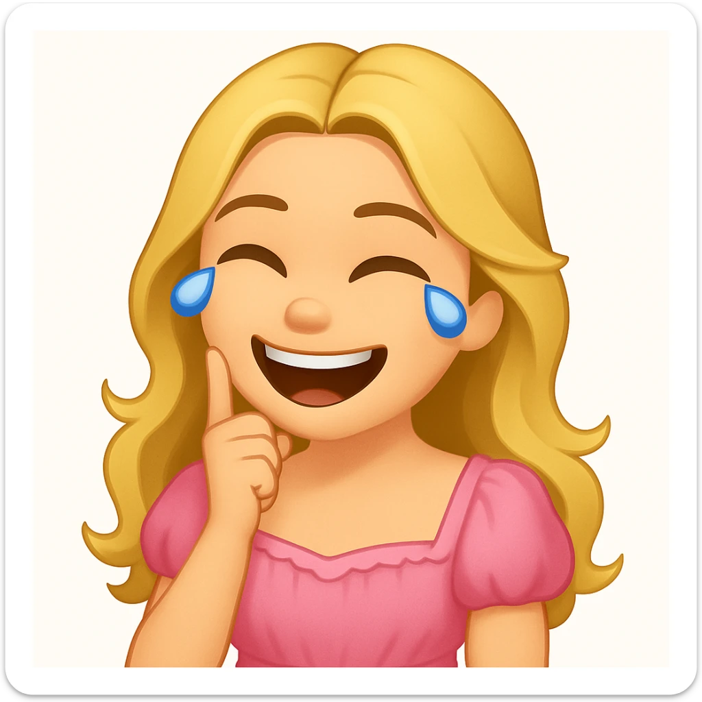 Edit the image to depict a long-haired blonde with swamp eyes wearing a pink pastel dress, in the style of iOS emoji. Match all features from the reference image but change the emotion to laughing. sticker