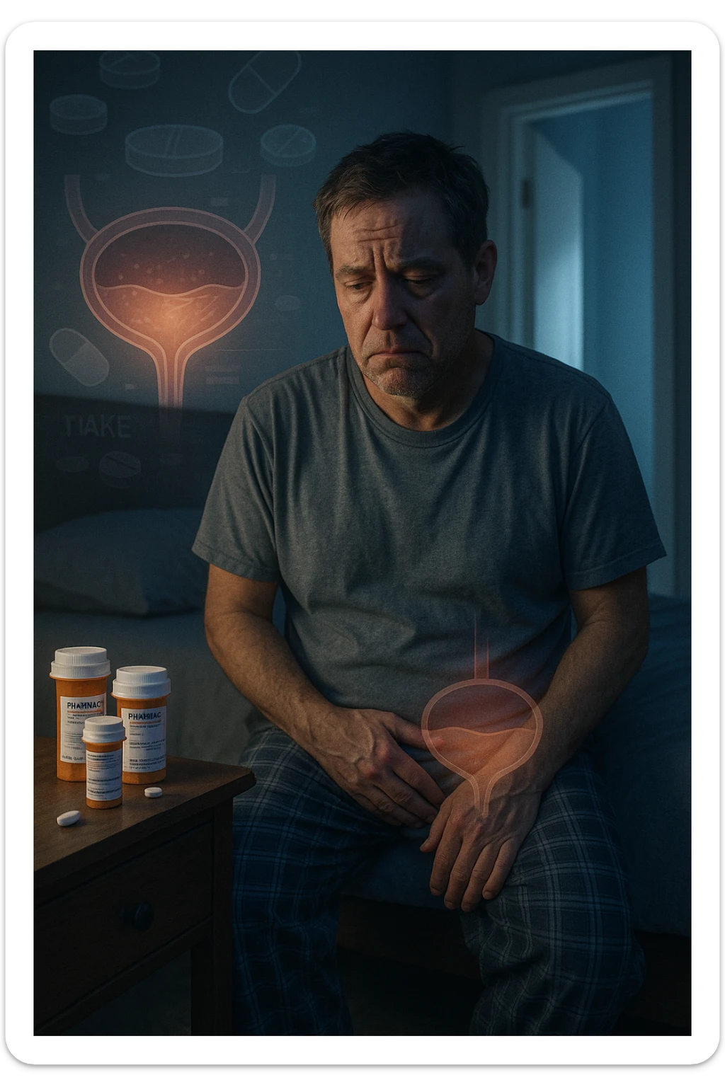 A middle-aged man sits on the edge of his bed in a dimly lit bedroom, looking exhausted and frustrated. On the nightstand beside him are several prescription pill bottles, loosely organized, some open — suggesting long-term medication use. In the background, the bathroom door glows softly, partially open, with a faint reflection of the toilet visible, indicating frequent nighttime trips. The man wears a loose T-shirt and pajama pants, his posture slightly curved as he gently touches his lower abdomen, symbolizing bladder discomfort. His eyes have dark circles, his expression is drained. The color palette is muted blues and greys, with a cinematic soft focus and ambient light highlighting emotional fatigue. A subtle overlay of pill labels and bladder imagery could be added for educational use. sticker