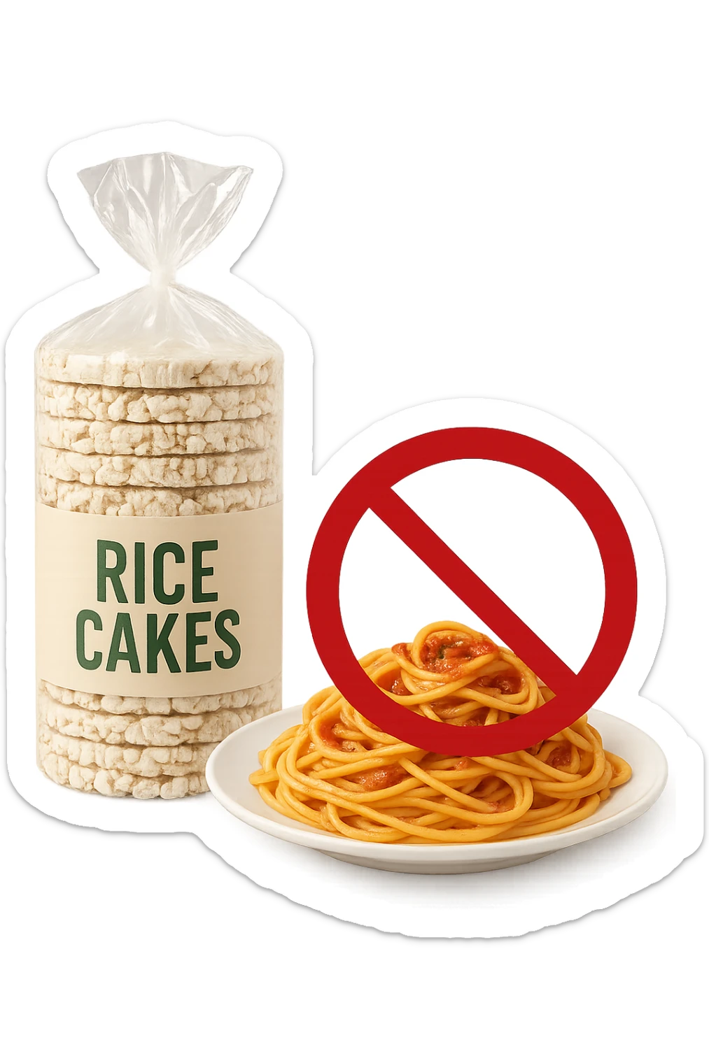 confezione di gallette di riso con accanto un piatto di pasta con divieto sopra, in italiano,  realistici sticker