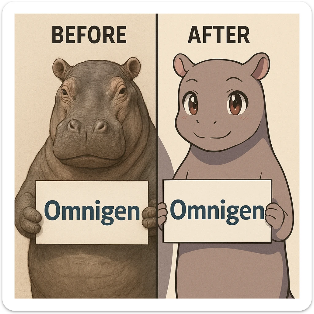 two hippo holding sign of omnigen, half picture 1 hippo is realistic another half is the anime of that same second hippo, with before after mark sticker
