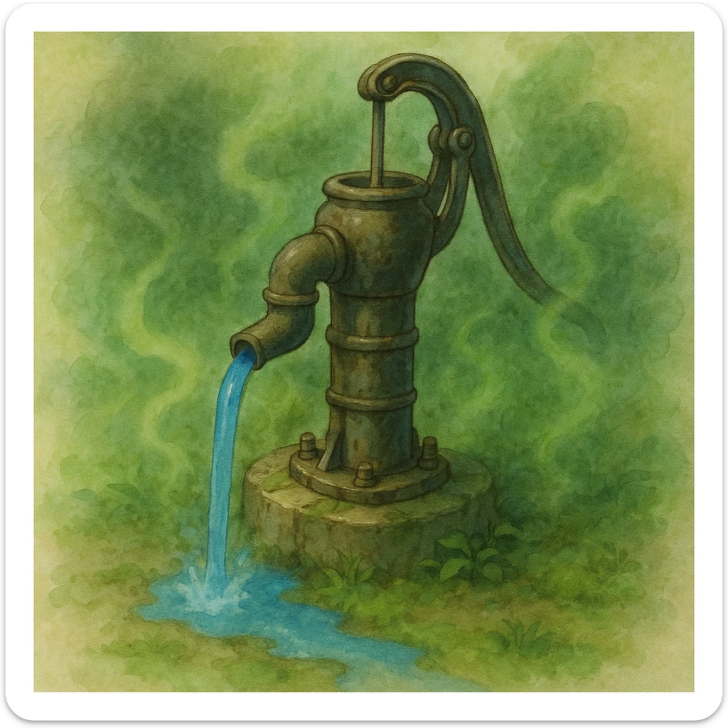 a Ghibli-style water pump with blue water and a subtle sickly green mist to suggest cholera sticker