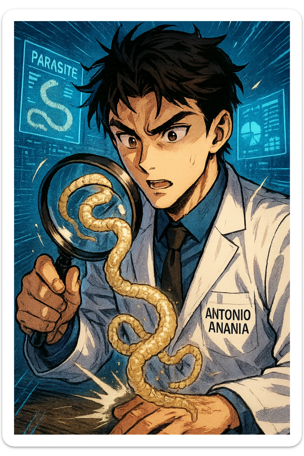 A dynamic manga/webtoon-style illustration of a young male kinesiologist wearing a clean white lab coat, analyzing light beige worms like a tapeworm under a magnifying glass. His expression is focused and slightly intrigued, with sharp, detailed eyes. The art style is vibrant, with bold linework, rich colors, and dramatic lighting. The background is a futuristic laboratory with glowing holographic screens displaying parasite data. The tapeworm is intricately drawn, slimy and segmented, with a slightly exaggerated yet realistic texture. The composition is dynamic, with motion lines or energy effects to emphasize his scientific investigation. The atmosphere is intense but not dark, keeping a balance between scientific seriousness and stylish manga aesthetics, he has "ANTONIO ANANIA" WRITTEN ON WHITE LAB COAT sticker