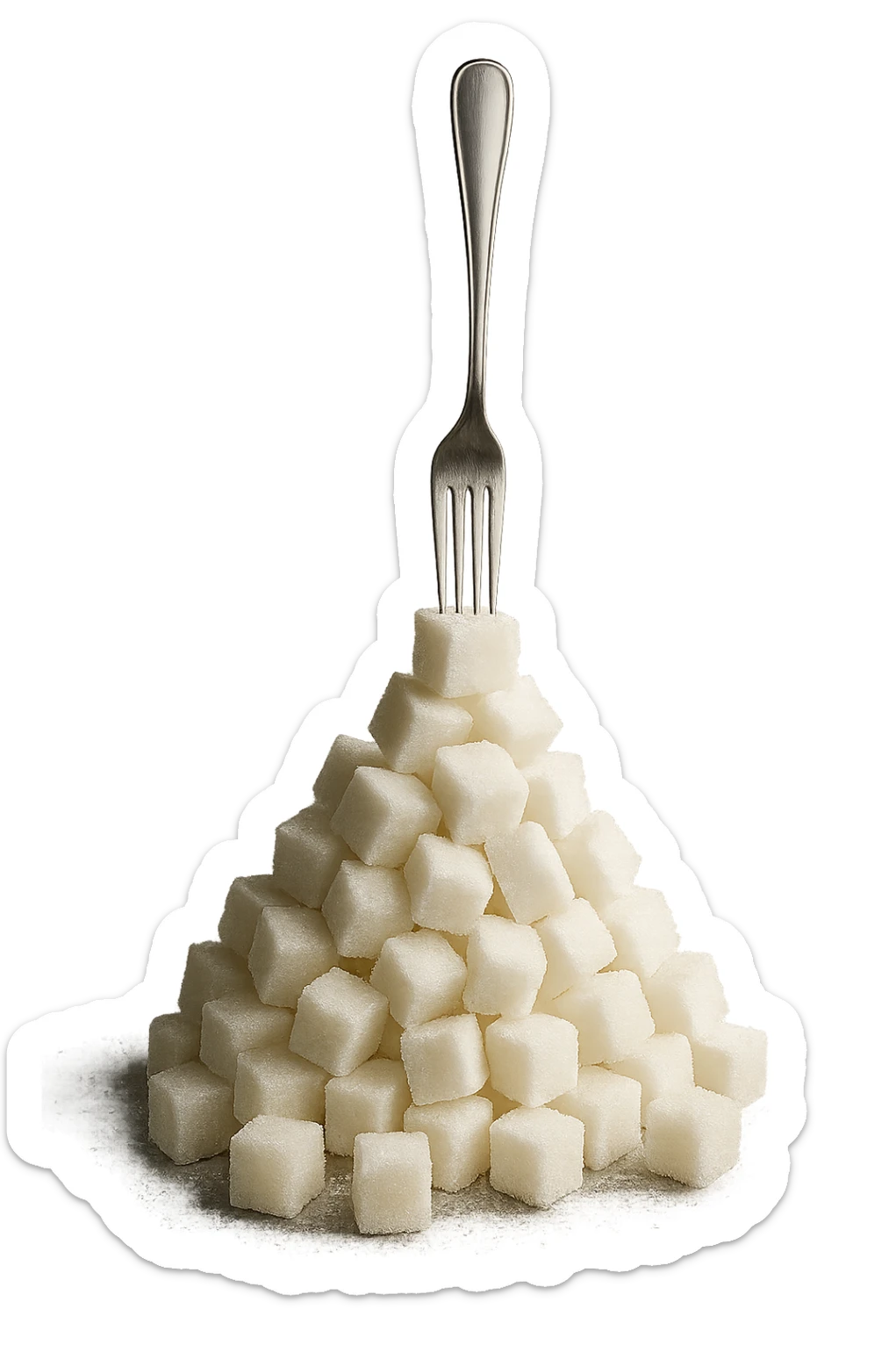 monagna di zollette di zucchero con una forchetta appizzata sopra, fluttuano in aria, iperrealistico 4k sticker