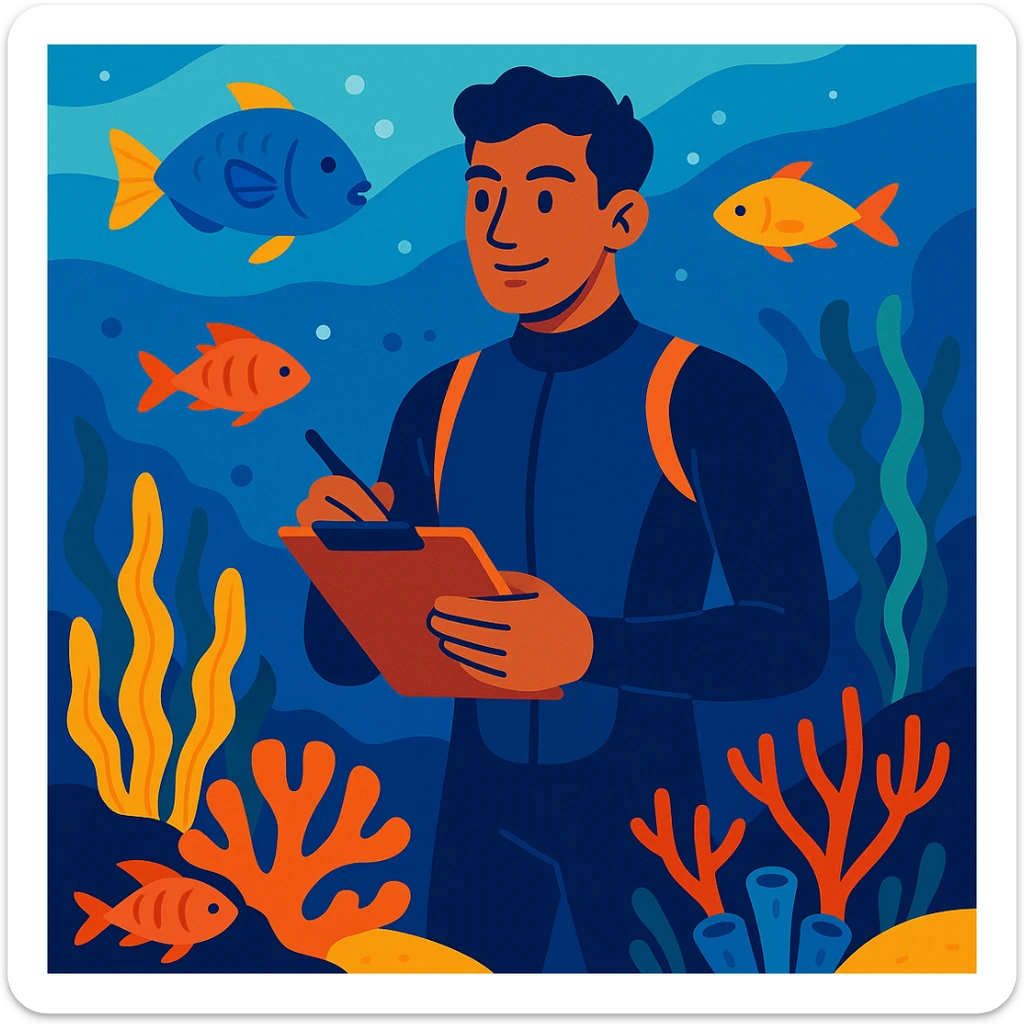 male marine conservationist in a wetsuit holding a clipboard surrounded by ocean life vibrant semi-realistic illustration style sticker