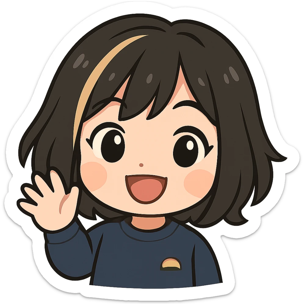 Edit this exact chibi girl to look happy and waving, keeping the same anime chibi style, face, hair, and outfit. Add a big smile, bright eyes, and her hand raised in a waving gesture. Maintain transparent background. Sized for Twitch emoji use. sticker