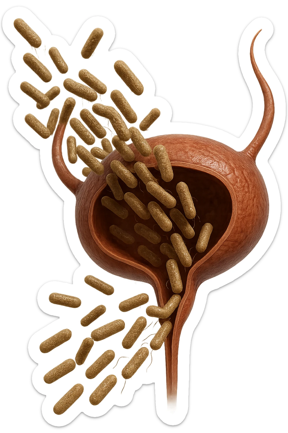 batteri intestinali che migrano ed entrano in una vescica anatomica realistica per infettarla, iperrealistico 4k sticker