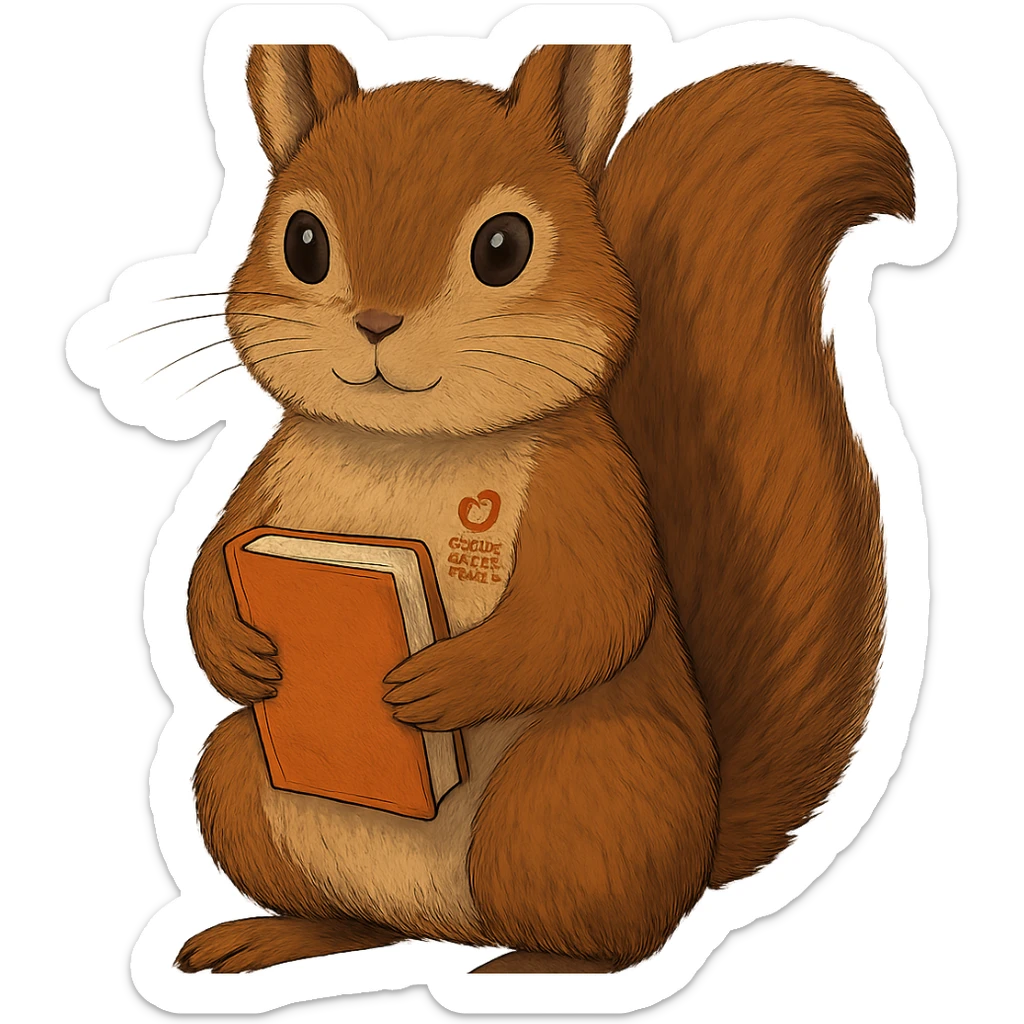 A cute brown squirrel with an orange book, studying at Siberian Federal University, looking straight ahead, full body, detailed fur, intelligent and beautiful sticker