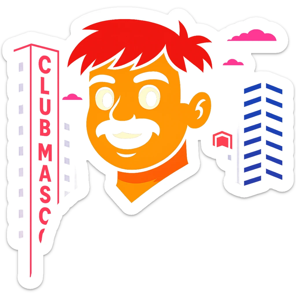 Change any visible text from 'Hotel' to 'Club Mascot', keep the vibrant toon style, neon city background, and all other details the same sticker