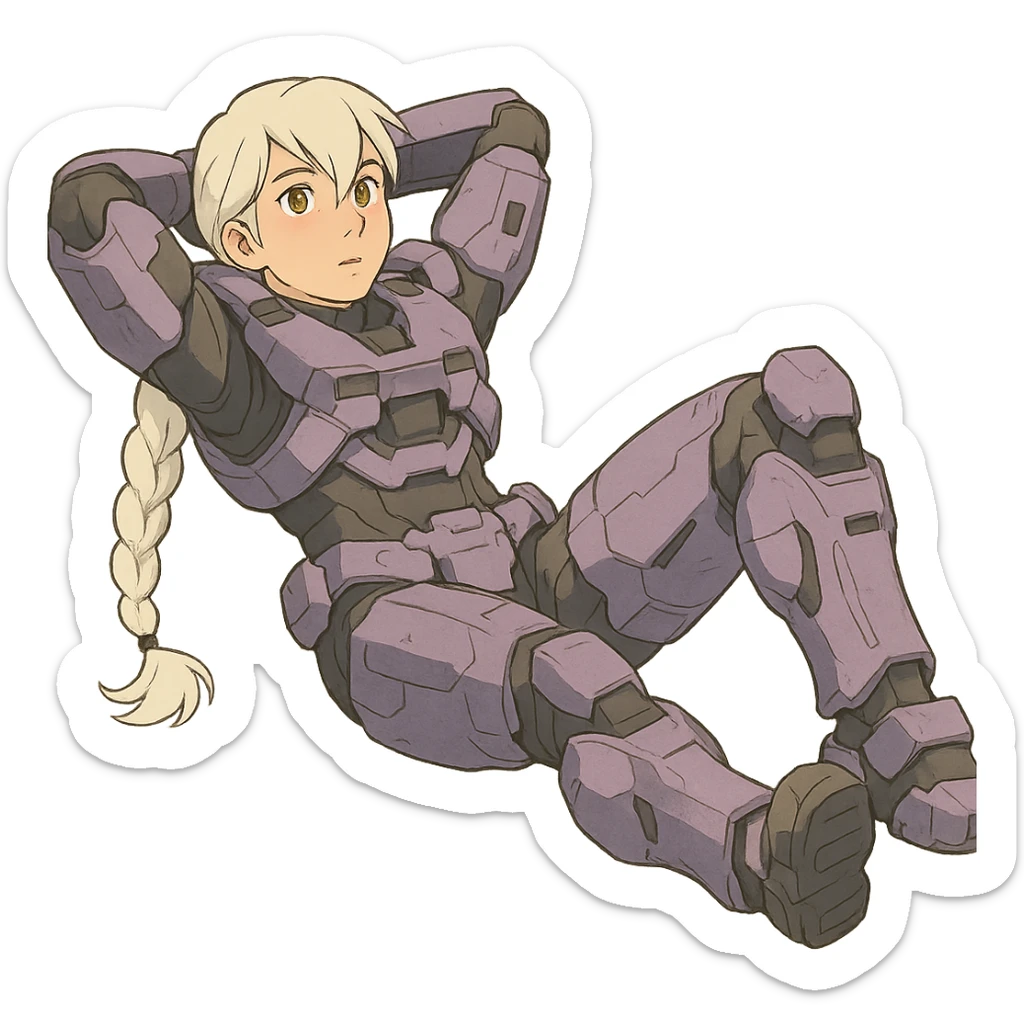 female, wearing reach spartan armor shoulder-unequip, long white braid hair with massive messy front side single bangs, gold yellow eyes, attention pose, HALO:series, no helmet, the armor is lavender color scheme, laying back and relaxing flat on the ground sticker