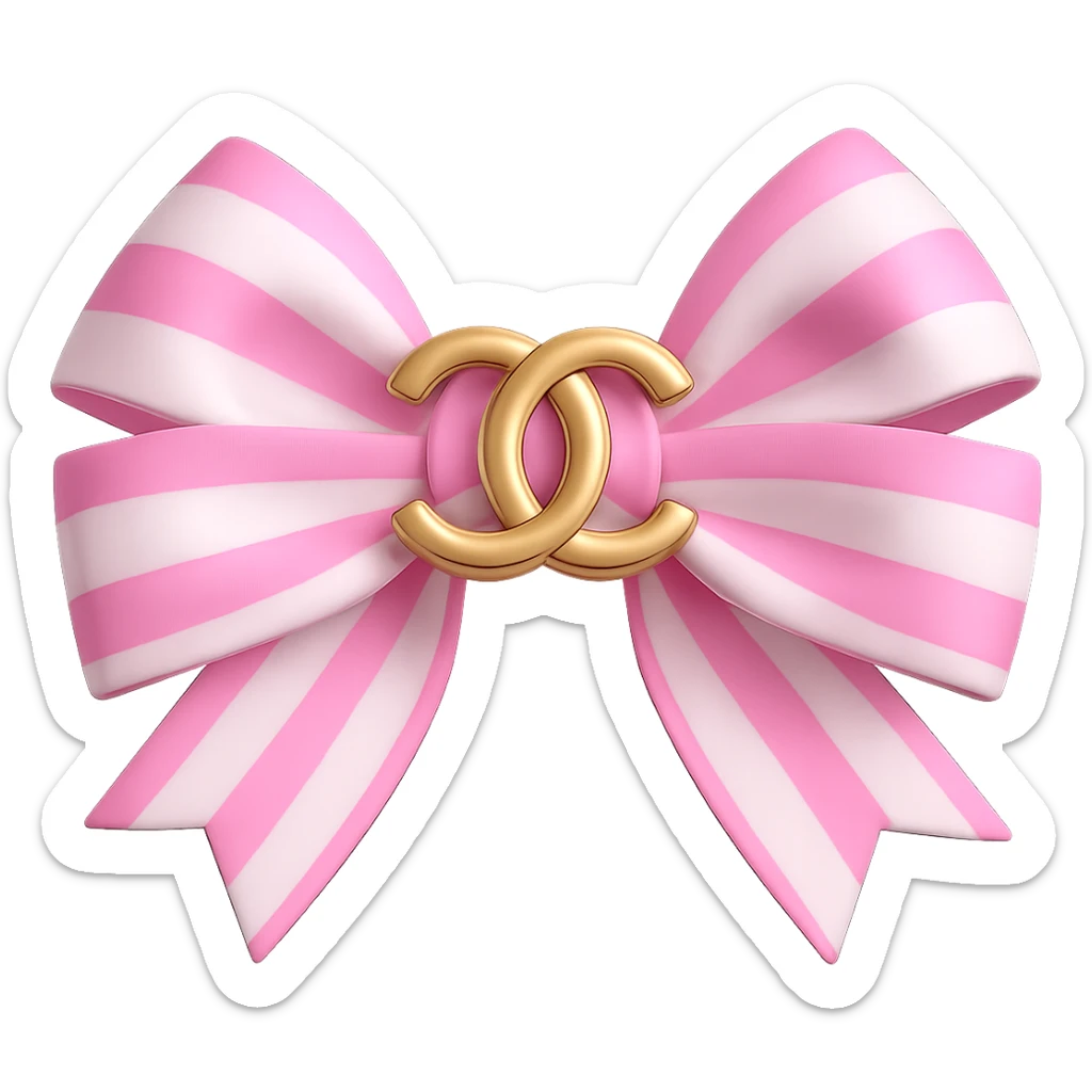Change the bow to pink and white, keep the gold Chanel logo, luxurious, glossy, 3D emoji style. Remove the background. sticker
