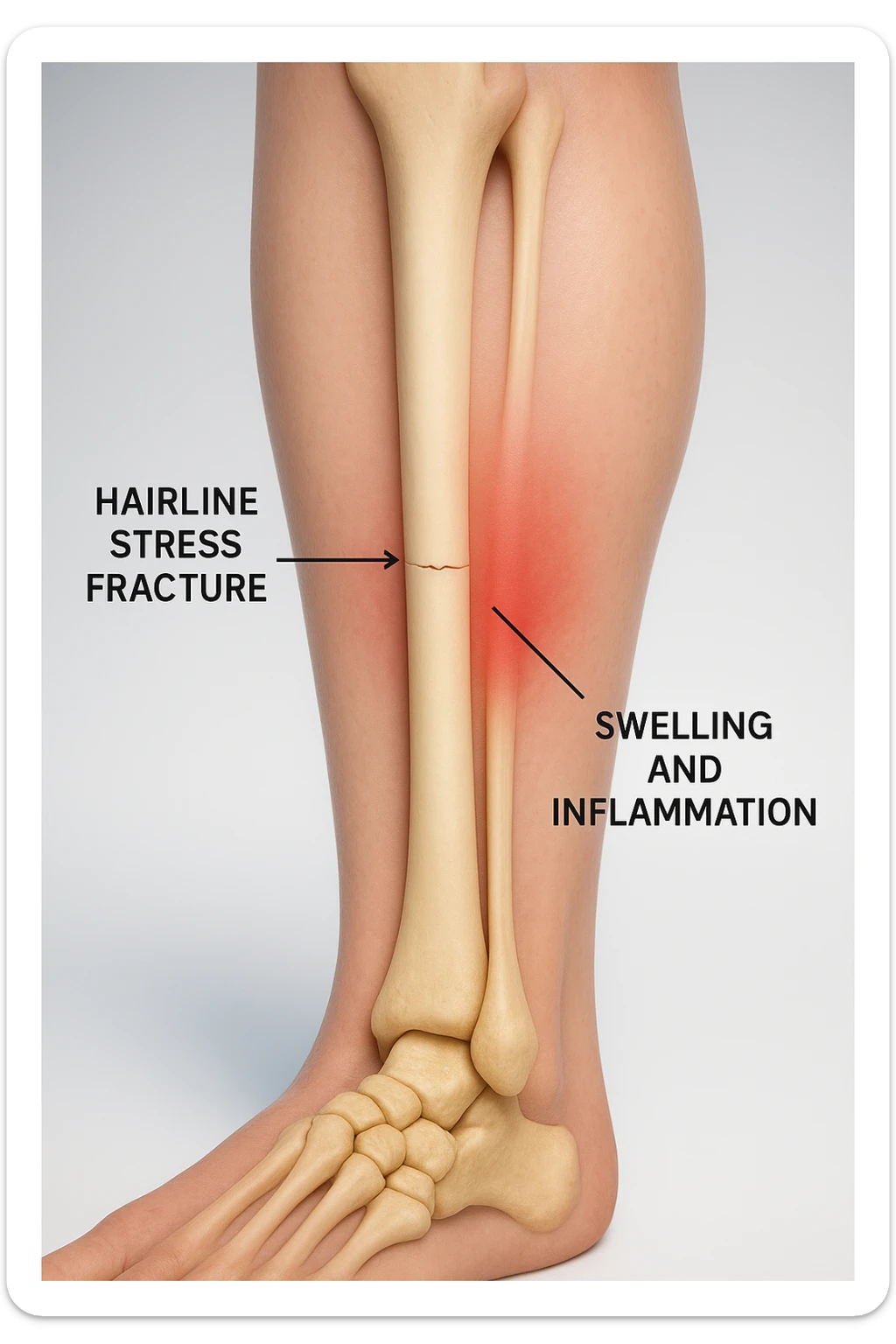 3D realistic medical illustration: a close-up of a human lower leg (tibia), showing the bone with a visible hairline stress fracture. The surrounding soft tissue is semi-transparent, highlighting mild swelling and inflammation. Educational labels point to the fracture site. The background is clean and clinical, with a subtle gradient. sticker