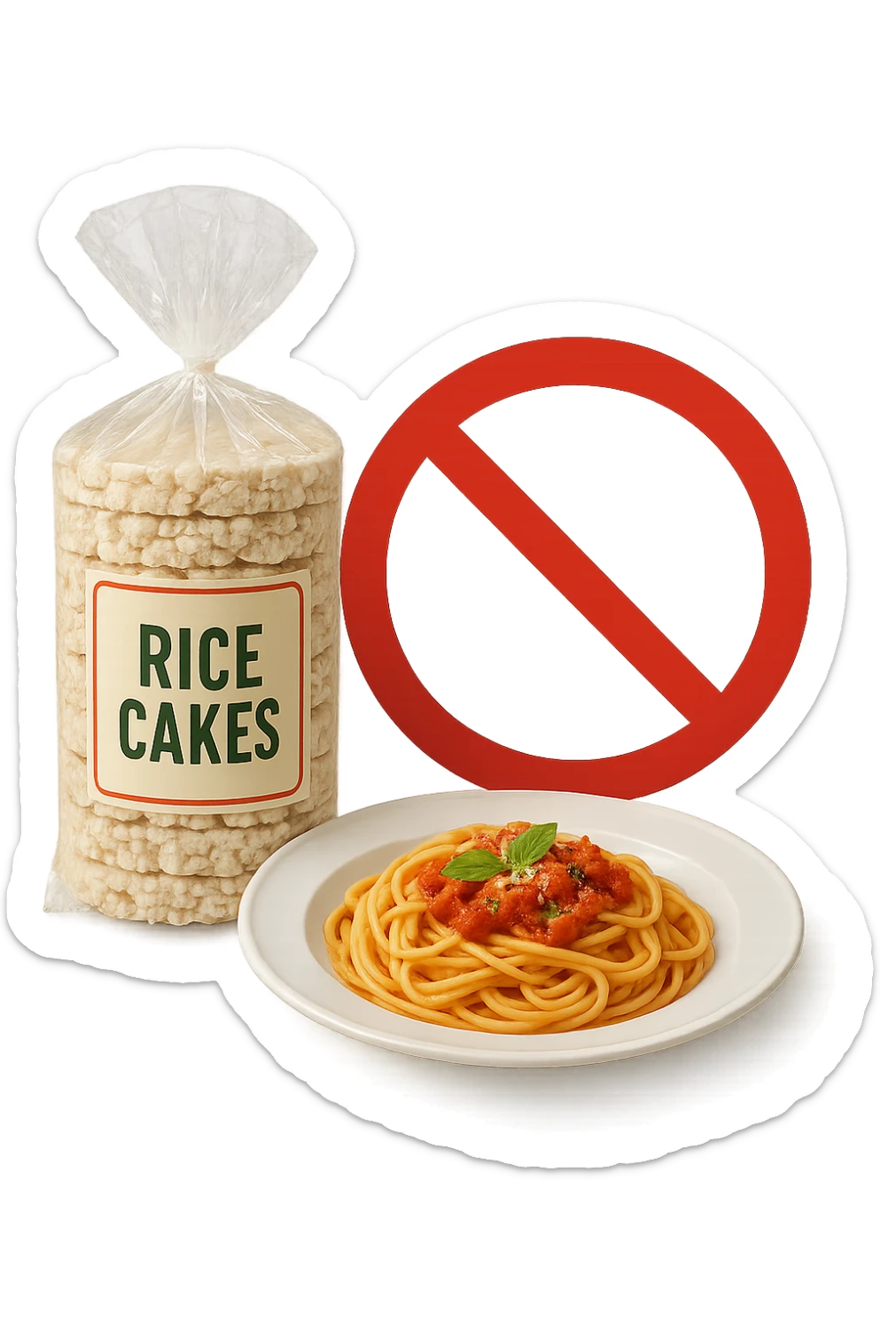 confezione di gallette di riso con accanto un piatto di pasta con divieto sopra, in italiano,  realistici sticker