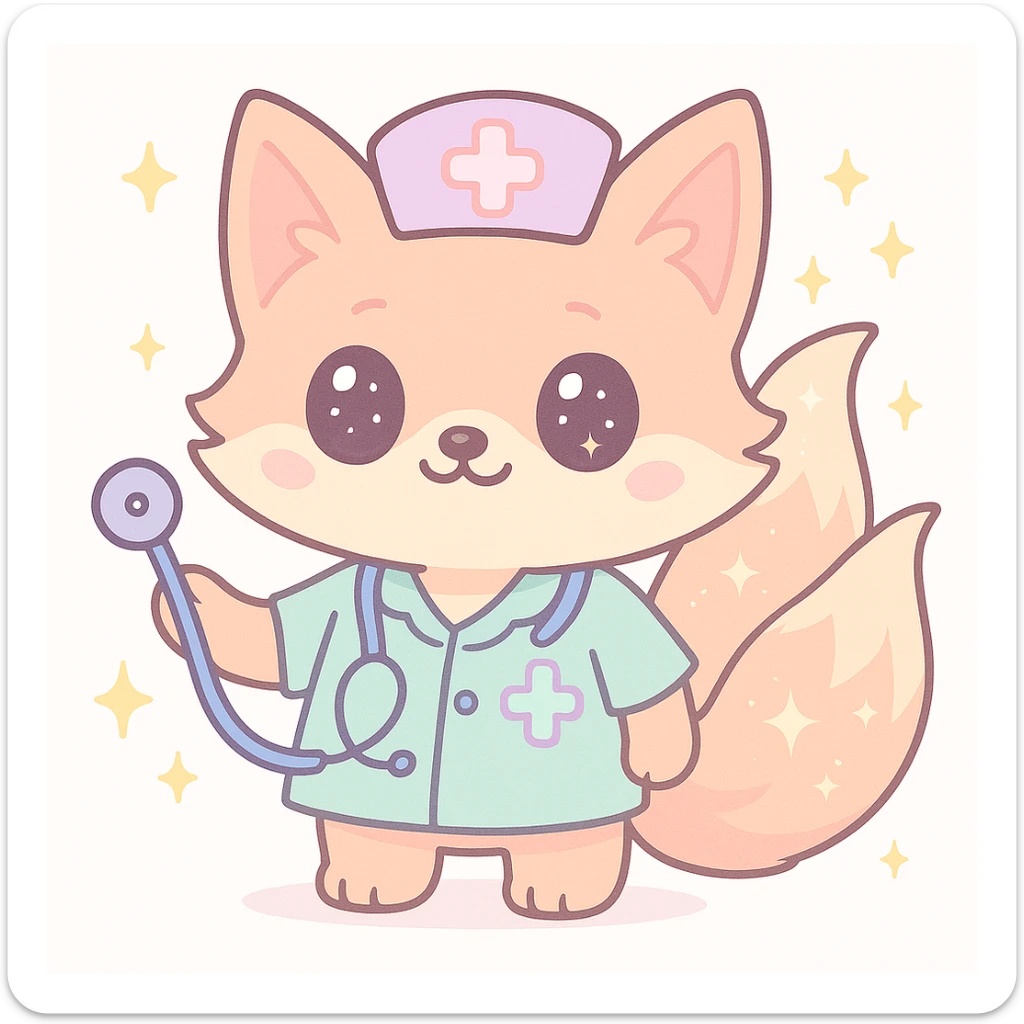 Make the kitsune fox medic even cuter in the kawaii style, with bigger eyes, fluffier tails, and enhanced magical kitsune features, emphasizing adorable and charming elements. sticker