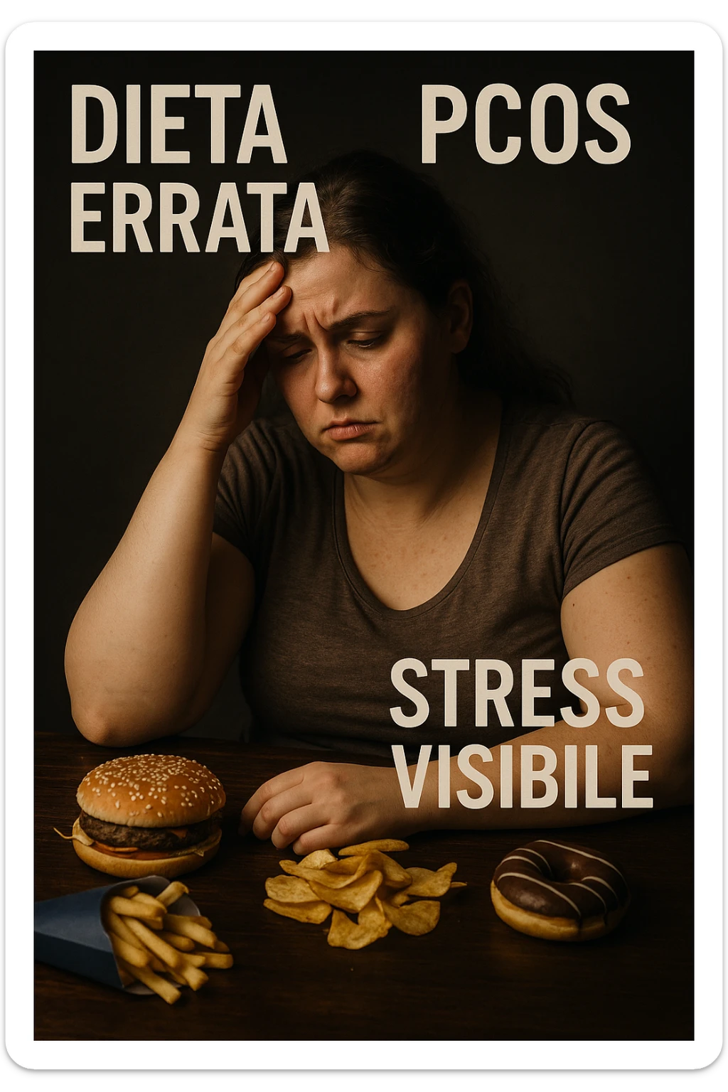 Donna con PCOS che segue una dieta errata, stress visibile in volto e nel corpo, simboli di alimentazione scorretta, luci drammatiche, didascalie in italiano, aspect ratio 2:3 sticker