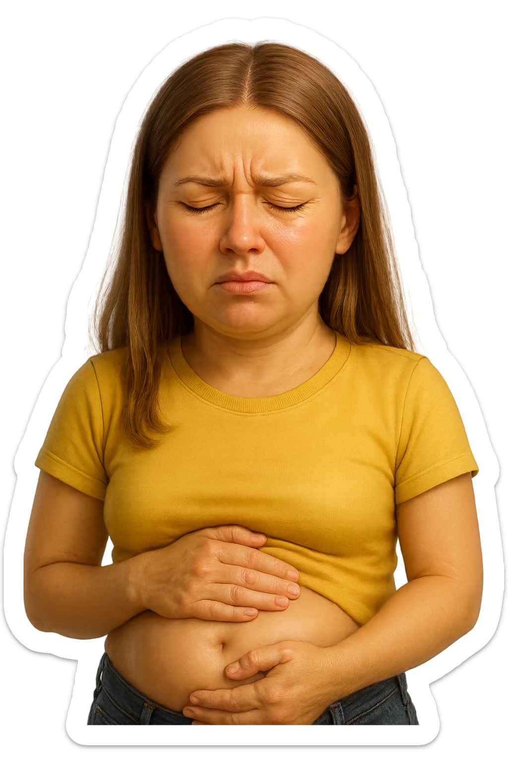 emoji stile iphone di donna con mal di pancia e pancia gonfia, iperrealistico 4k sticker