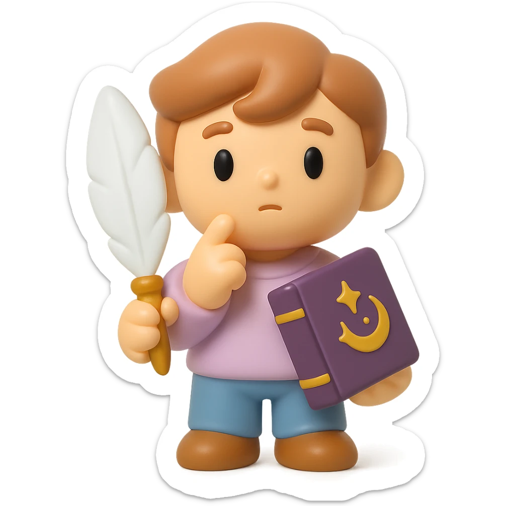 beginner author, holding a quill and a fantasy book, looking thoughtful, using a color palette of soft pastel colors with accents of gold and deep purple sticker