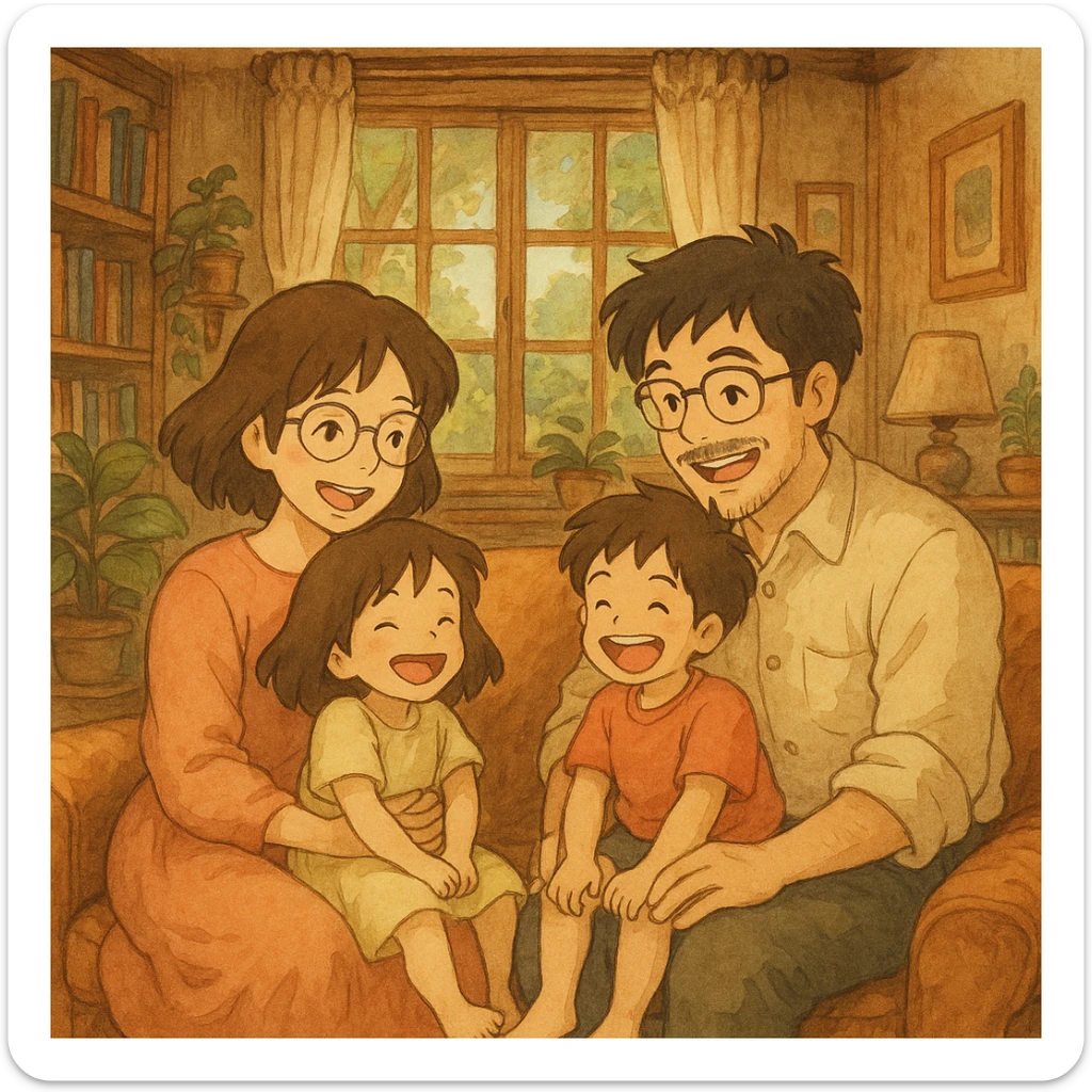a cartoon family in ghibli style, warm and whimsical sticker