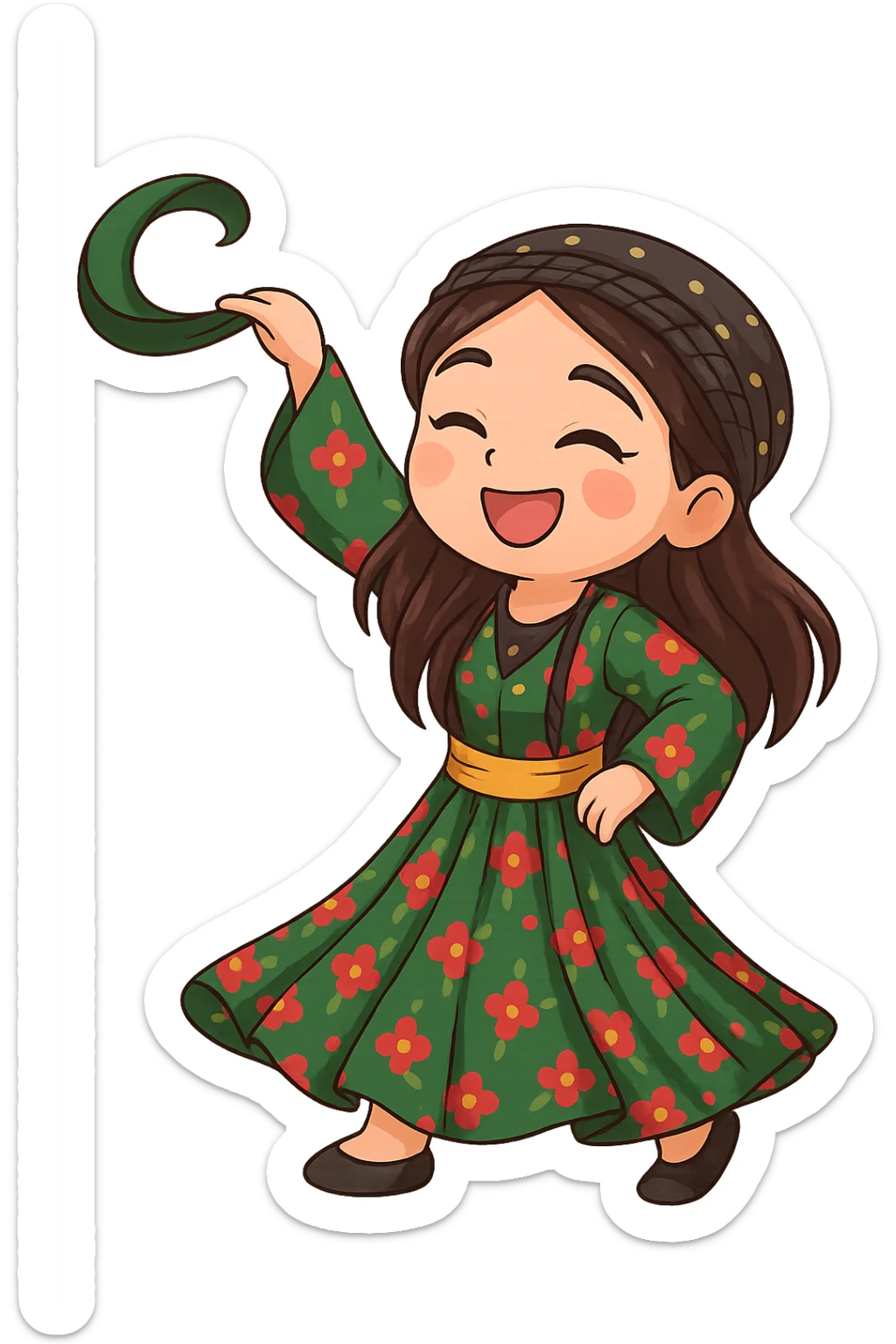 Create a colorful and cheerful Kurdish cartoon sticker in chibi style. Show the traditional Kurdish clothing and a dancing pose. The background should be transparent. Suitable for WhatsApp and Instagram. sticker