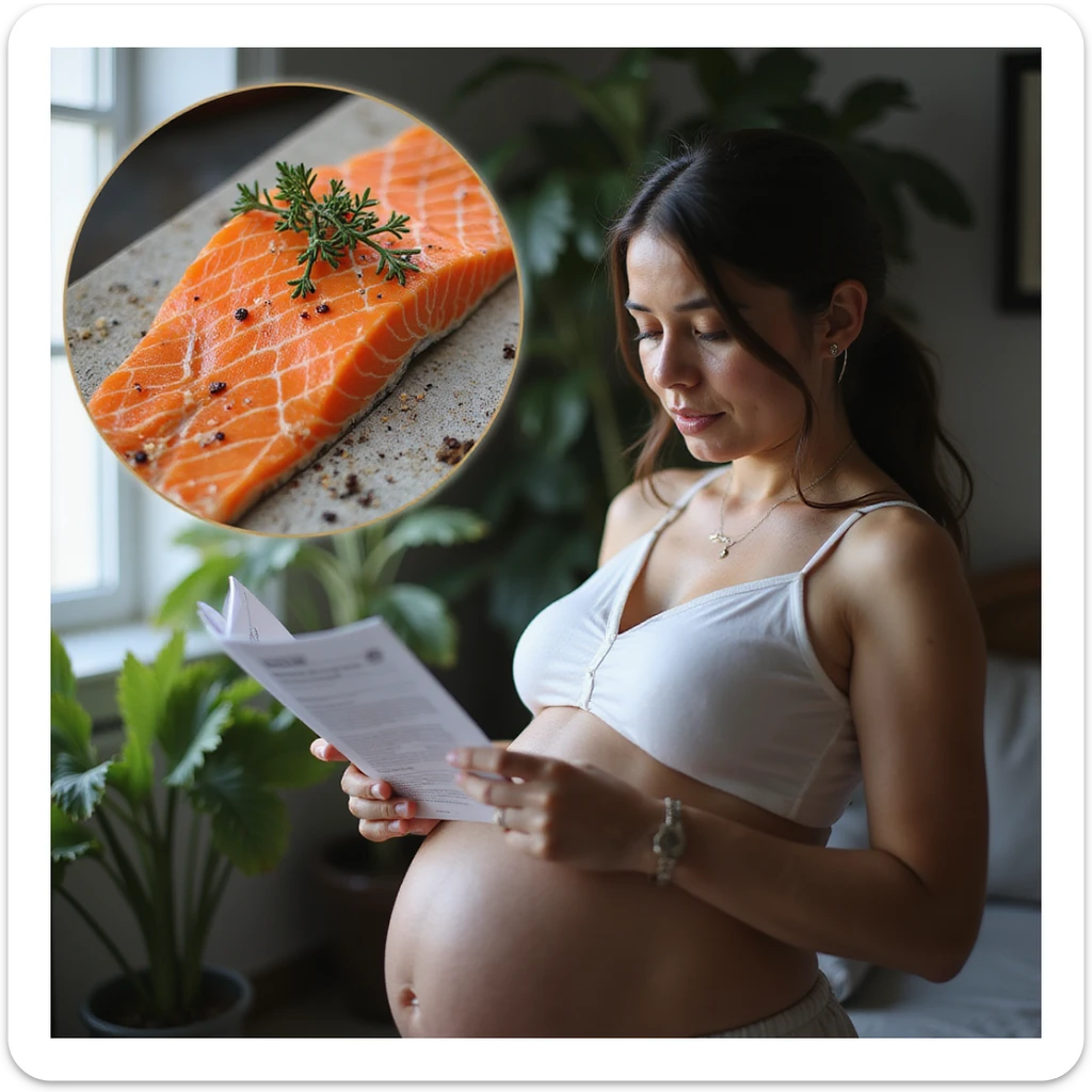 realistic pregnant woman in 4K reading informational brochure about risks of raw salmon in pregnancy with enlarged image of parasites in salmon sticker