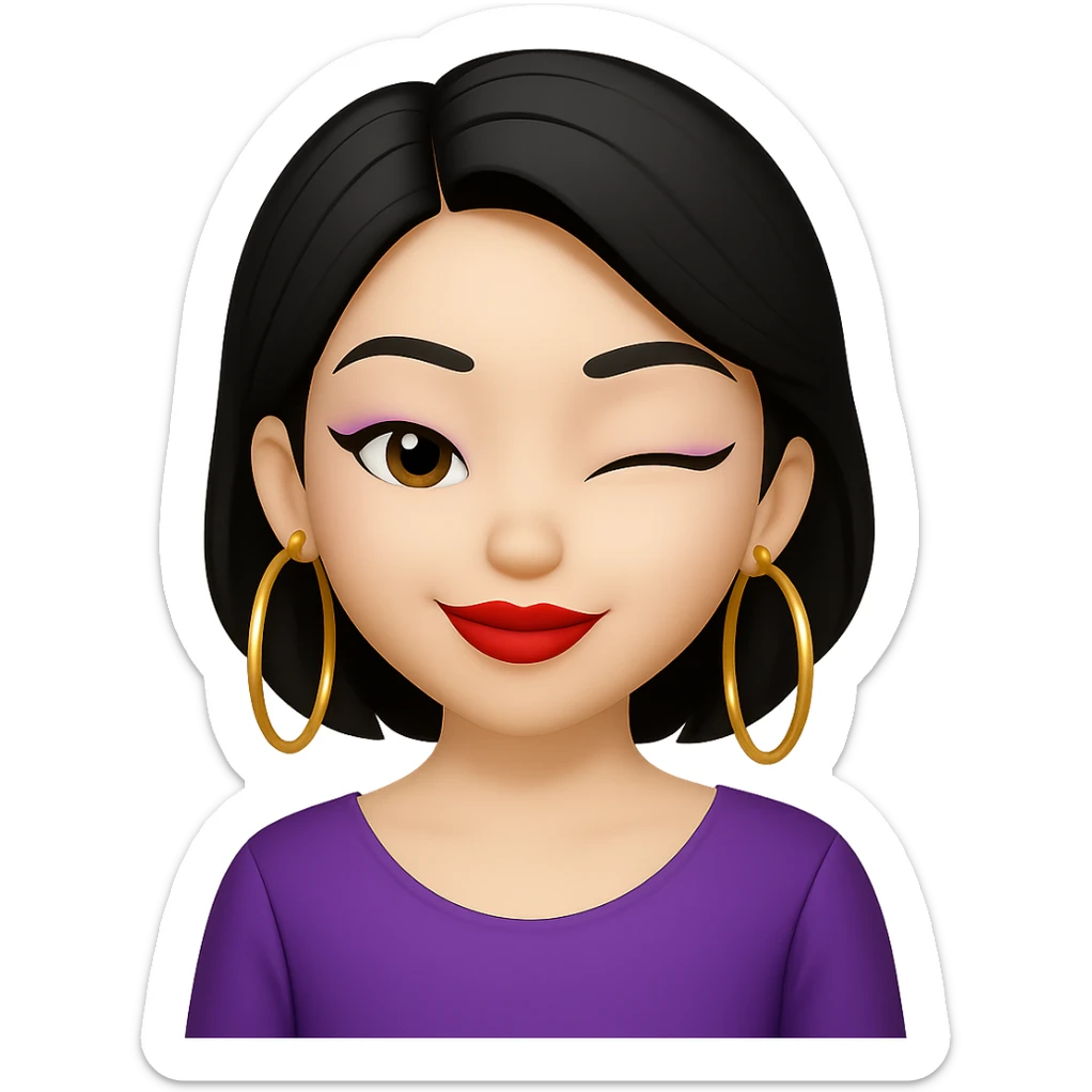 Make the ABG emoji wink, keep trendy makeup, bold lipstick, hoop earrings, and stylish hair, in apple emoji style, no background. sticker