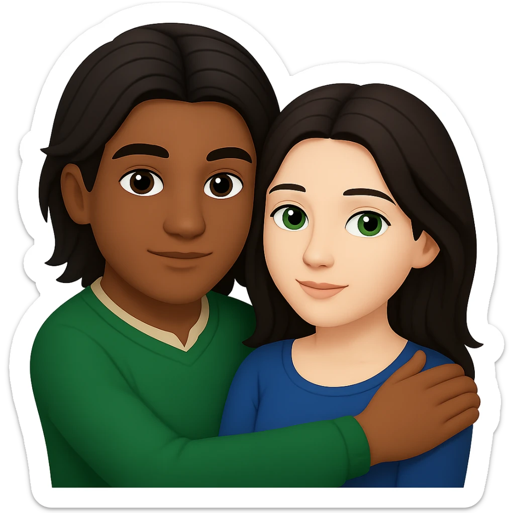 Edit the image in apple emoji style with no background. Change the man to have a darker skin tone, short hair, and brown eyes. Keep the woman with long dark hair and green eyes. Depict a young Métis man and young white woman cuddling, love theme. sticker