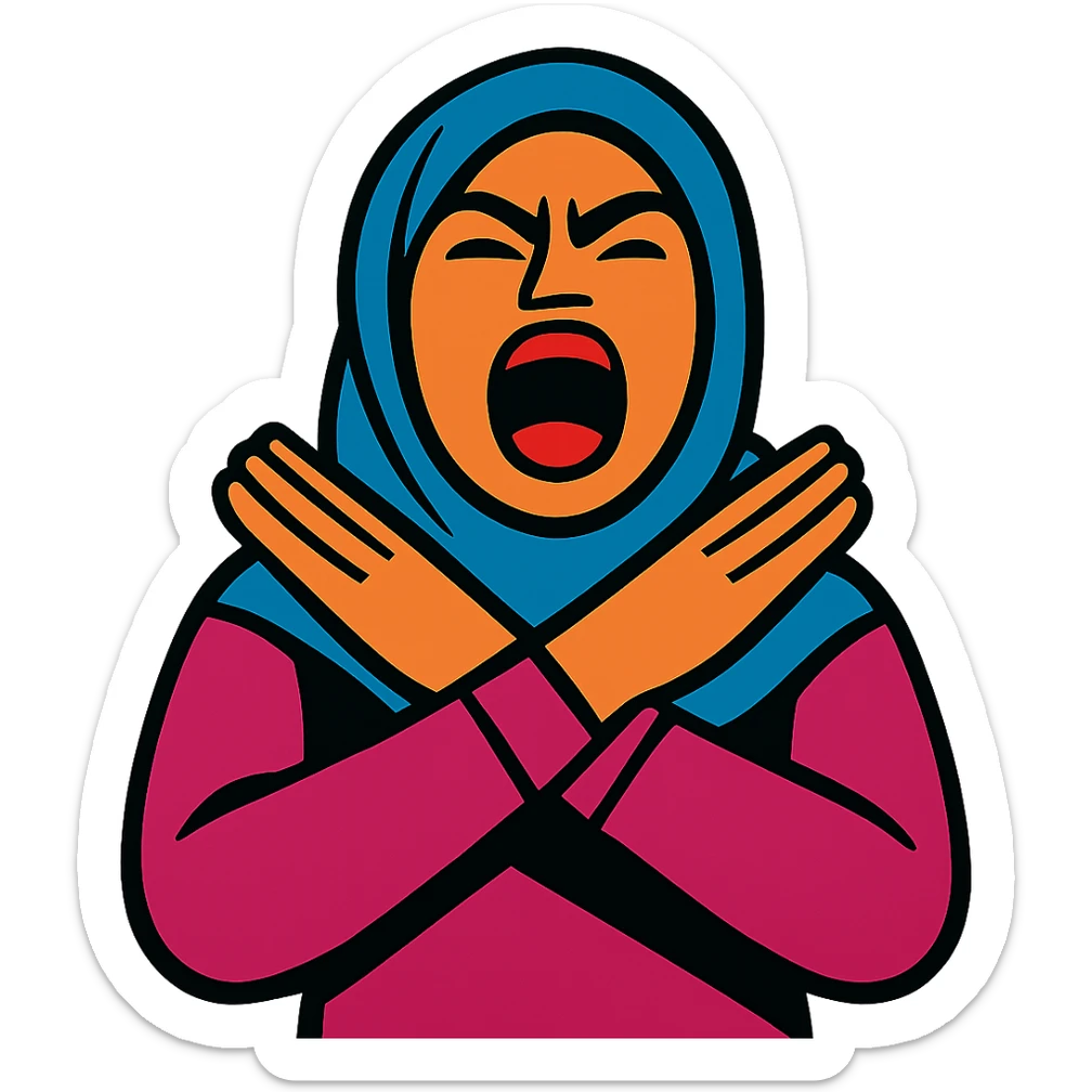 hijabi woman, yelling, hands crossed in an X over her neck sticker