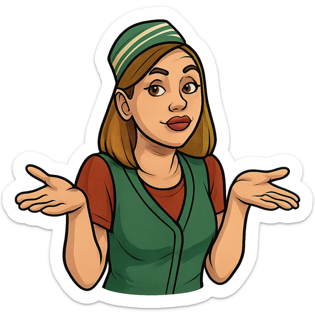 В позе этого мема сгенерируй типичную молодую российскую продавшицу в продуктовом магазине c слегка увеличенным губами, накрашенными глазами, которая недоуменно но при этом хитровато разводит руками, слегка рисованный, но при этом объемный стиль, прозрачный фон sticker