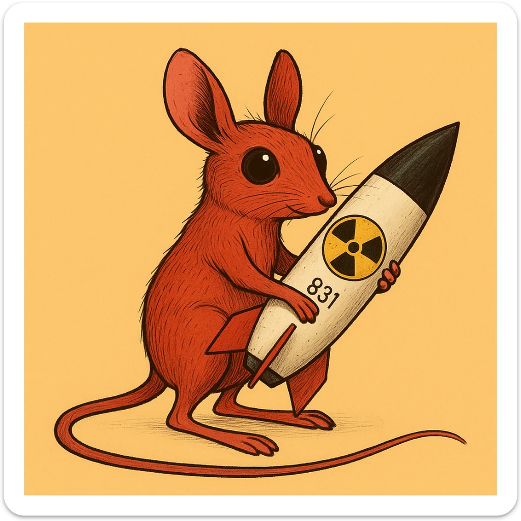 Сгенерируй красного тушканчика с ядерной бомбой в руках как на изображении. У тушканчика длинный хвост. На однородном фоне sticker