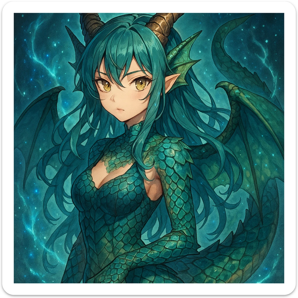 dragon girl, anime style, detailed scales, magical aura sticker