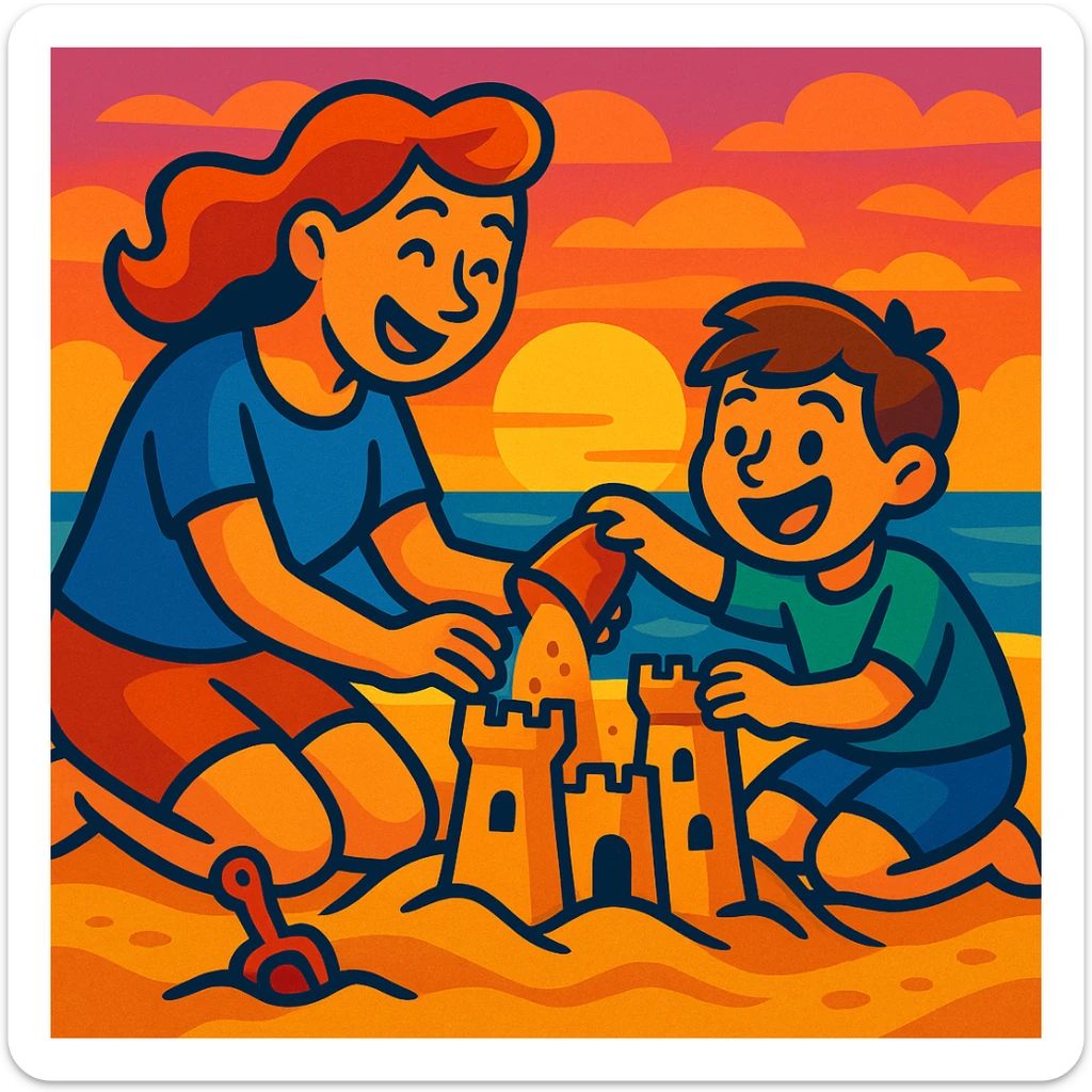 Cartoonish mother and son building a sandcastle together at sunset, playful and joyful sticker