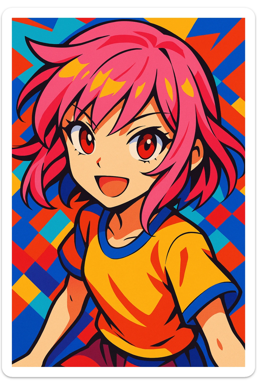 pink haired girl with red eyes, vibrant anime style, dynamic and colorful sticker