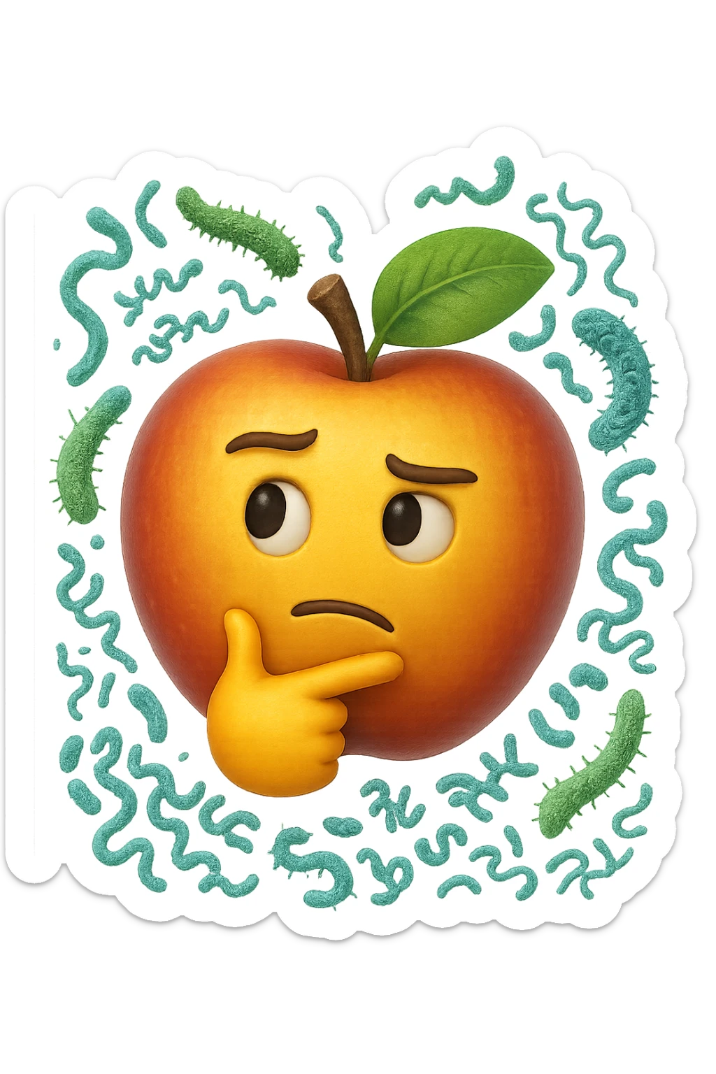 EMOJI STILE IPHONE DI una mela con espressione dubbiosa che intorno ha dei batteri intestinali, IPERREALISTICO 4K sticker