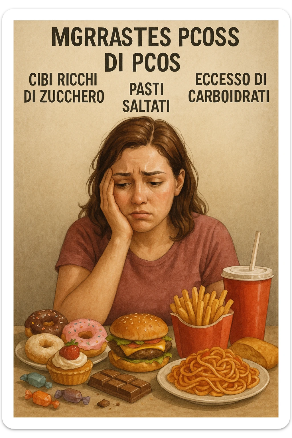 vertical realistic illustration in Italian: woman with PCOS making diet mistakes, surrounded by unsuitable diet foods, frustrated expression, captions in Italian, aspect ratio 2:3 sticker